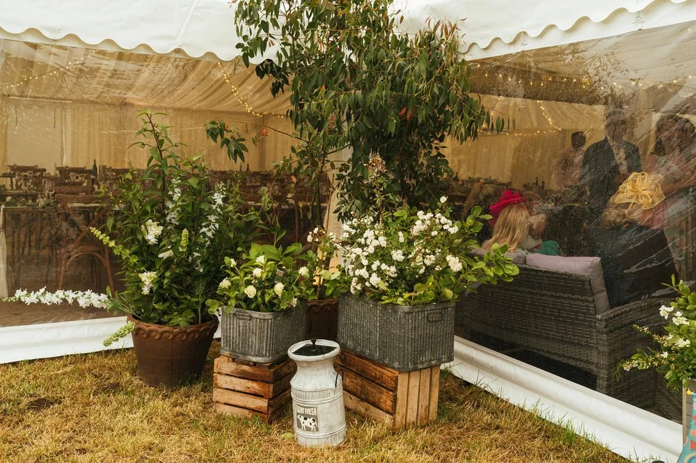 Floral display outside marquee