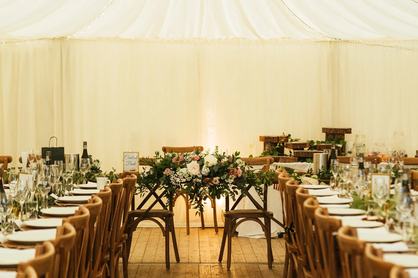 U shaped wedding table set up. 