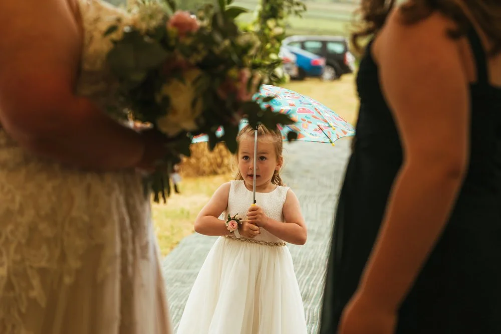 Flower girl holding umbrella