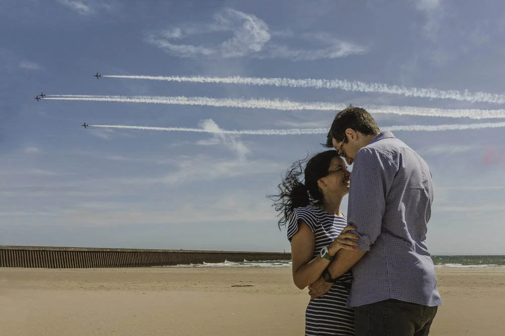 Red arrows pre-wedding engagement photos in Swansea bay.