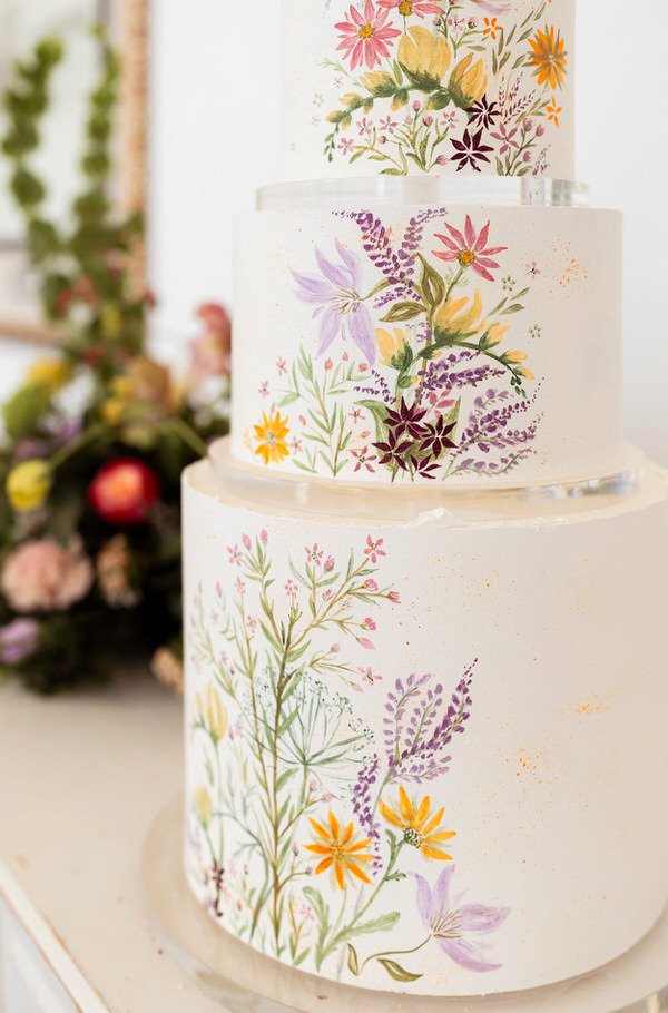 Floral hand painted wedding cake