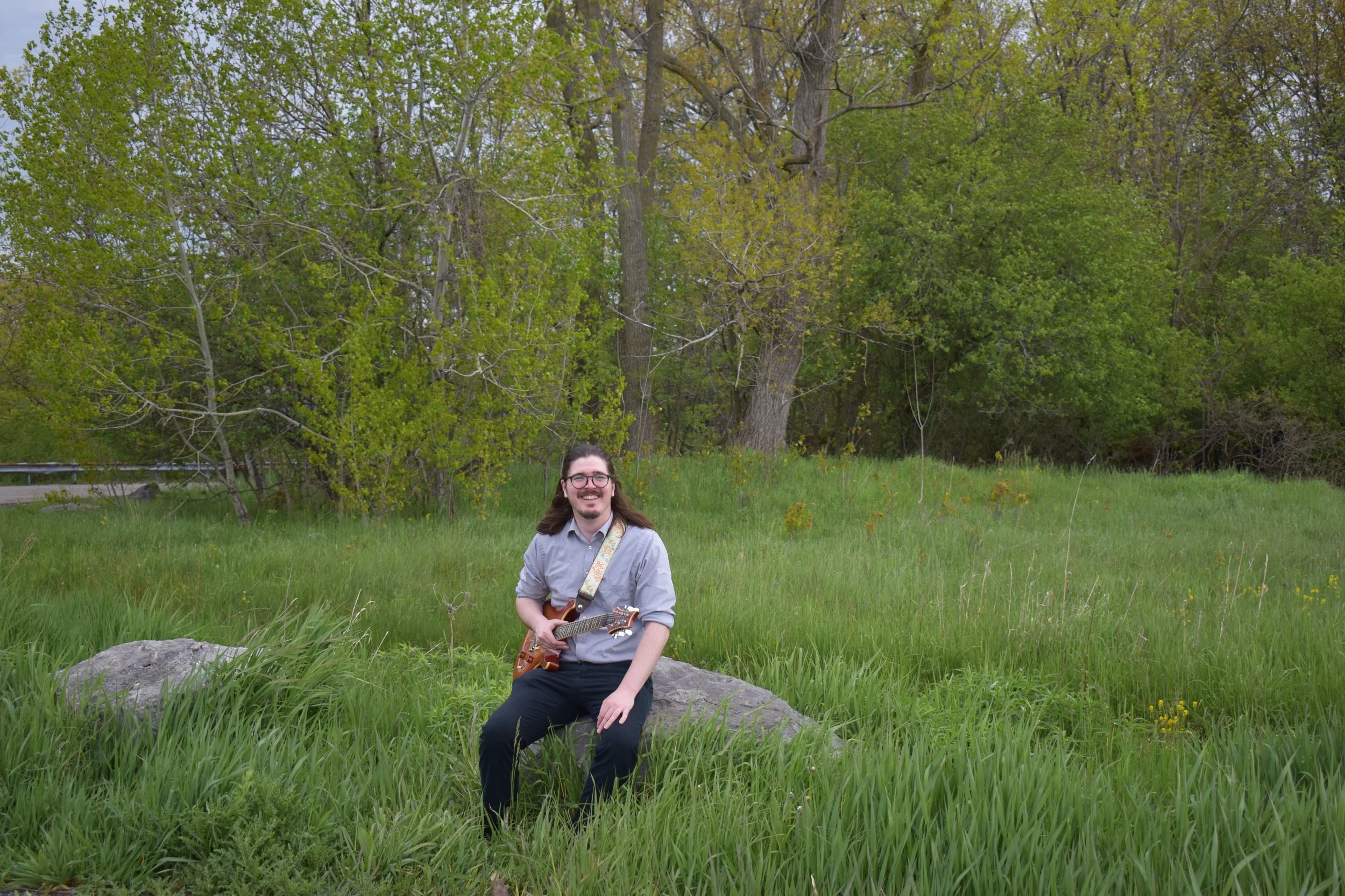 A man with long hair, glasses, and a beard sitting on a rock in a grassy field, holding an acoustic guitar, with large green trees in the background.