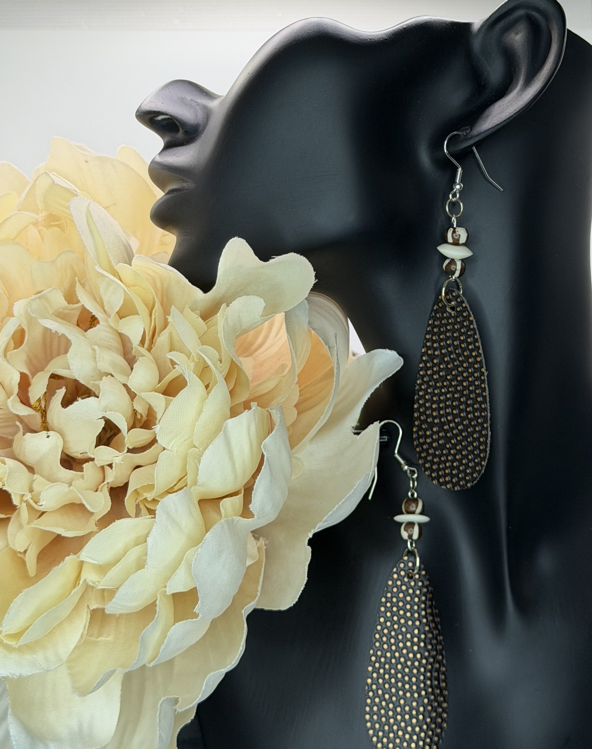 Black and Copper Leather and Bone Dangle Earrings