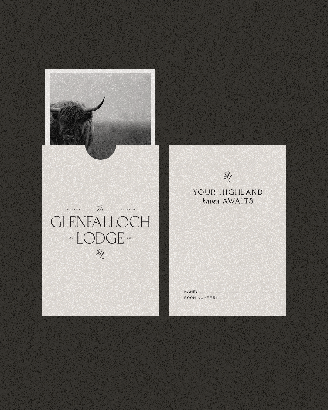 Igni Made | Copywriting, Branding & Websites for Wellness, Hospitality and Creative Businesses | Northern California | Black and white promotional card and a name tag for Glenfalloc Lodge