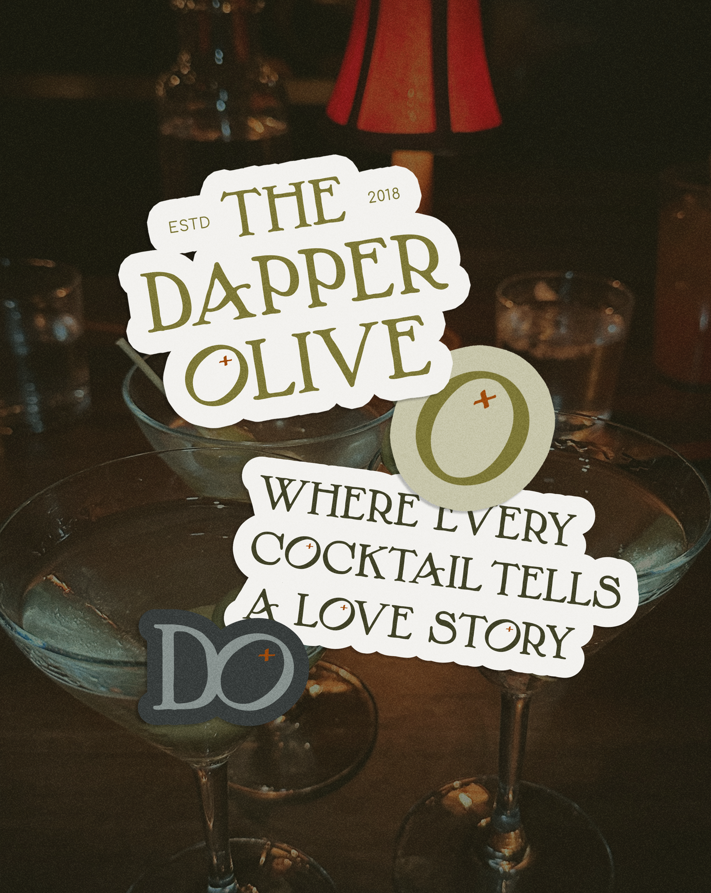 Igni Made | Copywriting, Branding & Websites for Wellness, Hospitality and Creative Businesses | Northern California | Close-up of three martini glasses with cocktail olives and lemon slices, featuring a sign that reads 'The Dapper Olive'
