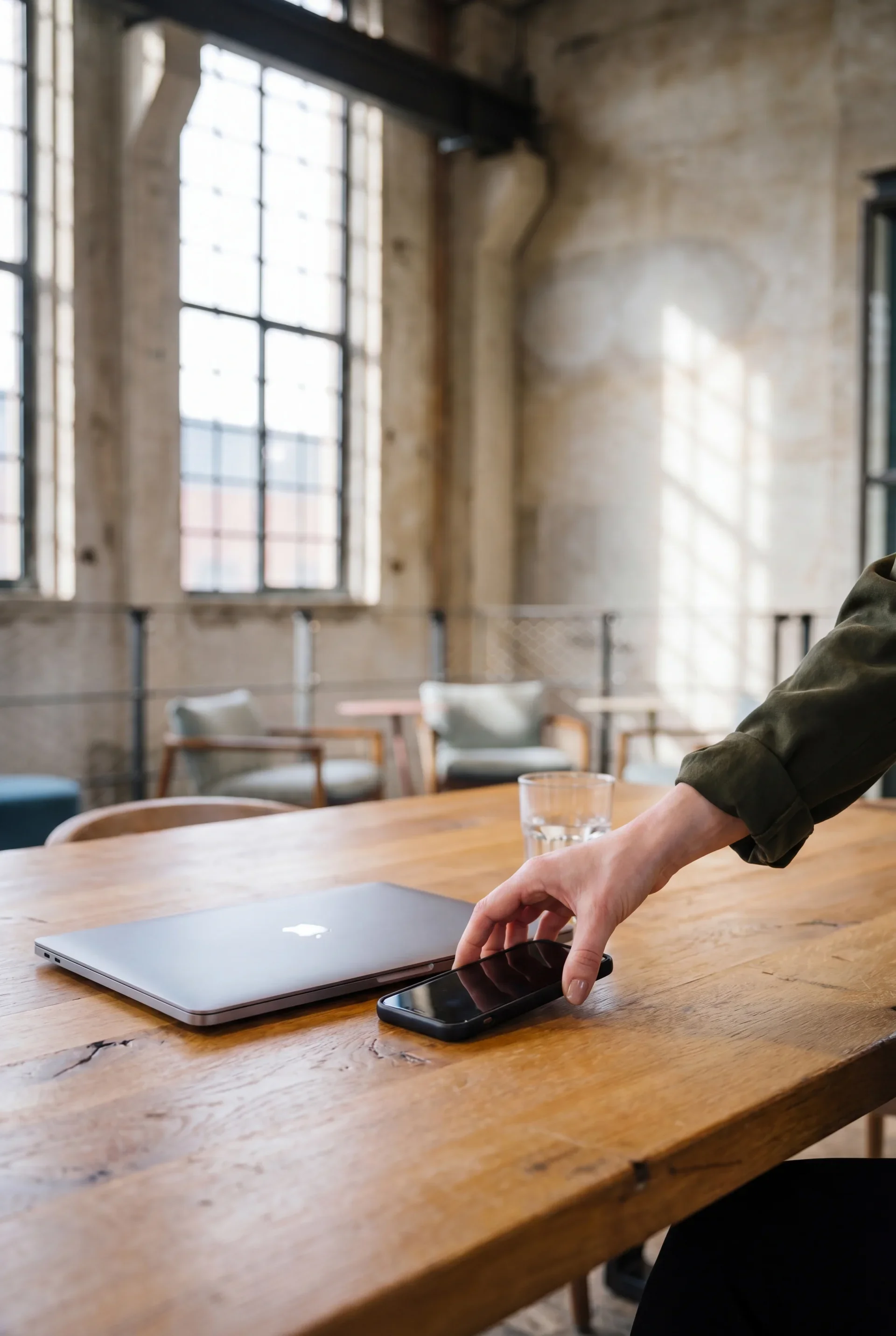 Eine Person legt ein Smartphone neben einen aufgeschlagenen Laptop auf einen Holztisch in einem modernen, loftartigen Raum mit großen Fenstern und offener Decke.