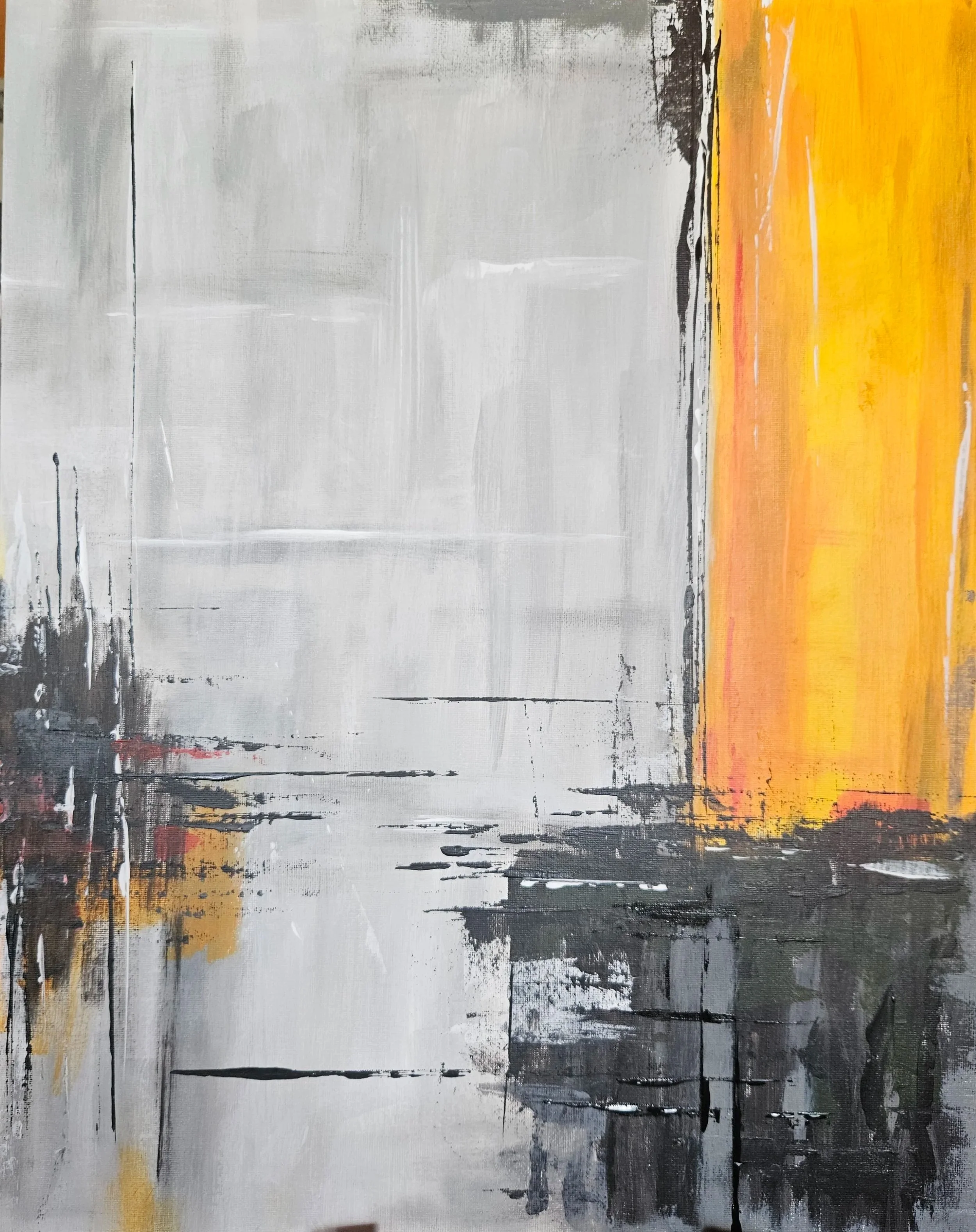 Abstract painting with shades of white, black, gray, yellow, orange, and hints of red and green.