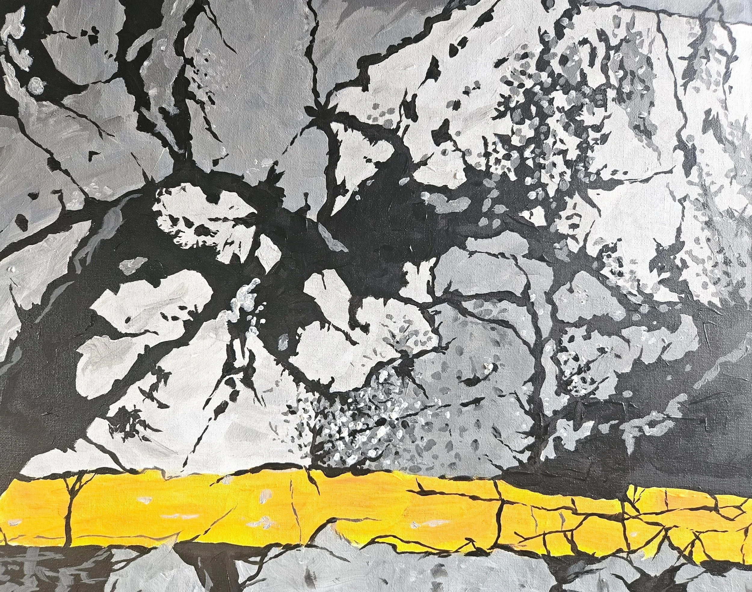 A painting of a road surface in shades of gray and white with a yellow road marking near the bottom.