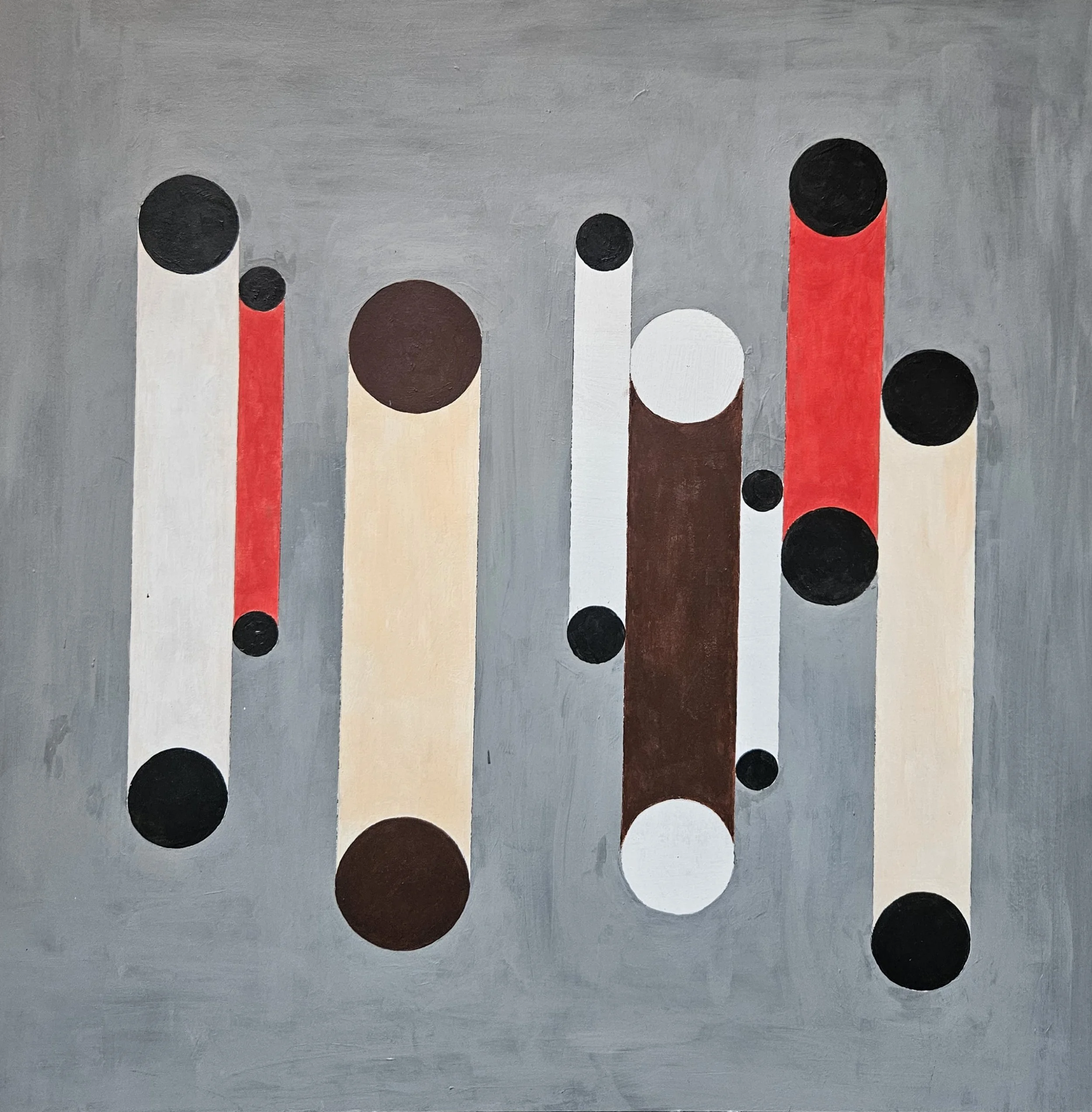 Abstract geometric painting with vertical bars and circles in red, black, white, and brown on a gray background.