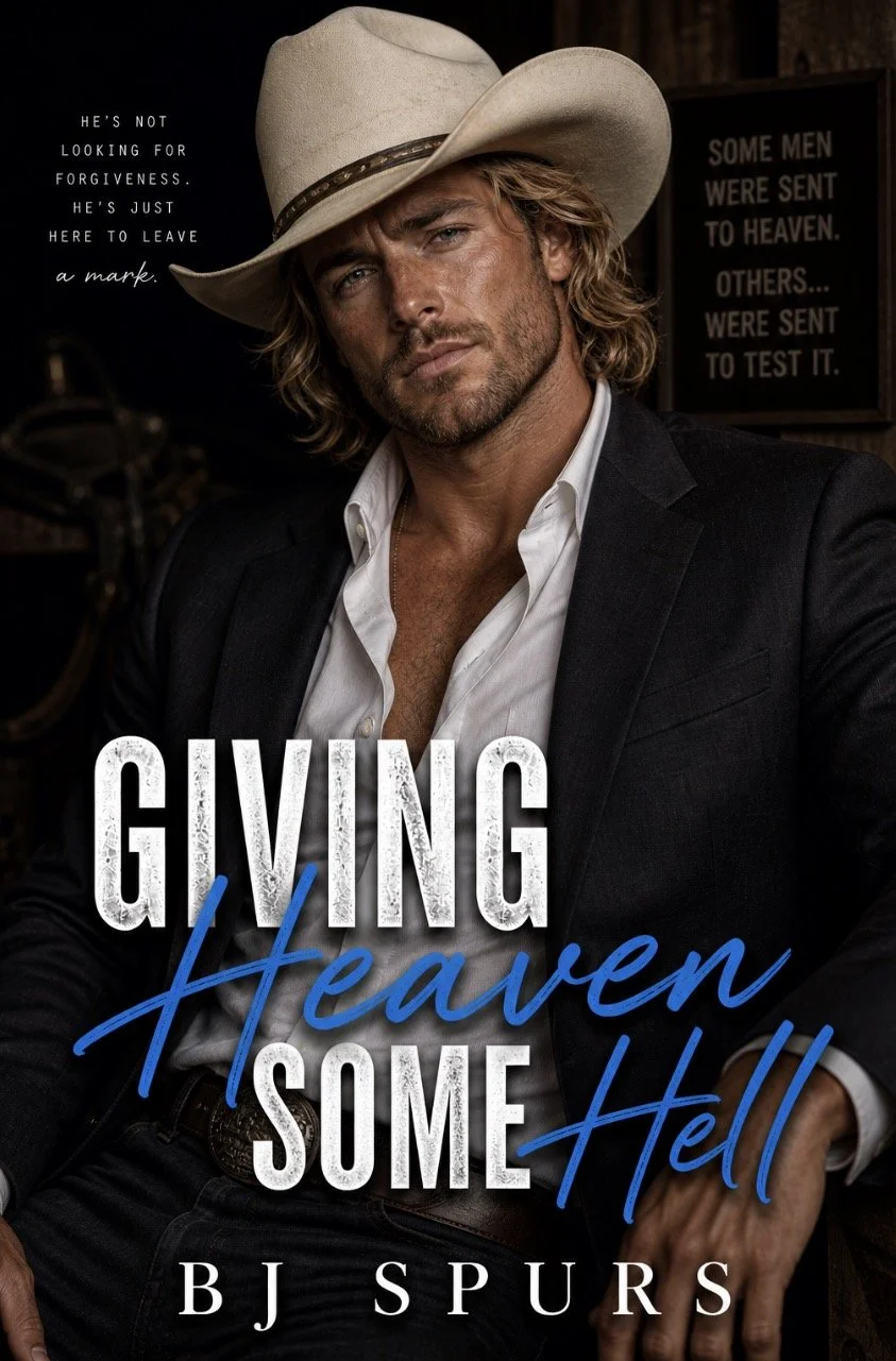 Book cover for 'Giving Heaven Some Hell' by BJ Spurs, featuring a man with long blonde hair in a white cowboy hat, white shirt, and black blazer, sitting in a dimly lit setting with signs that have motivational quotes in the background.