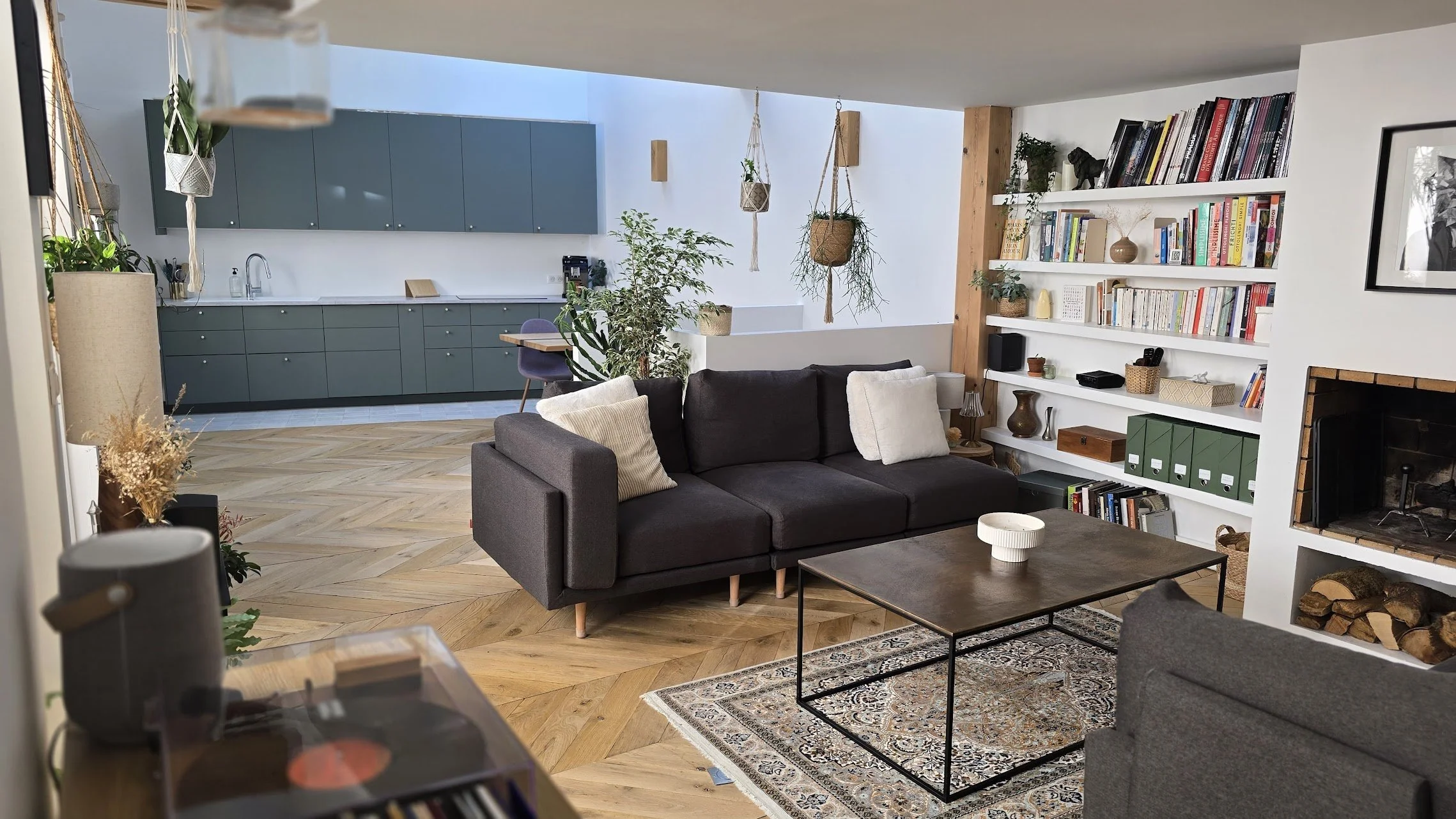 Salon avec canapé gris, étagère remplie de livres, cheminée, et plantes suspendues dans une pièce bien éclairée.
