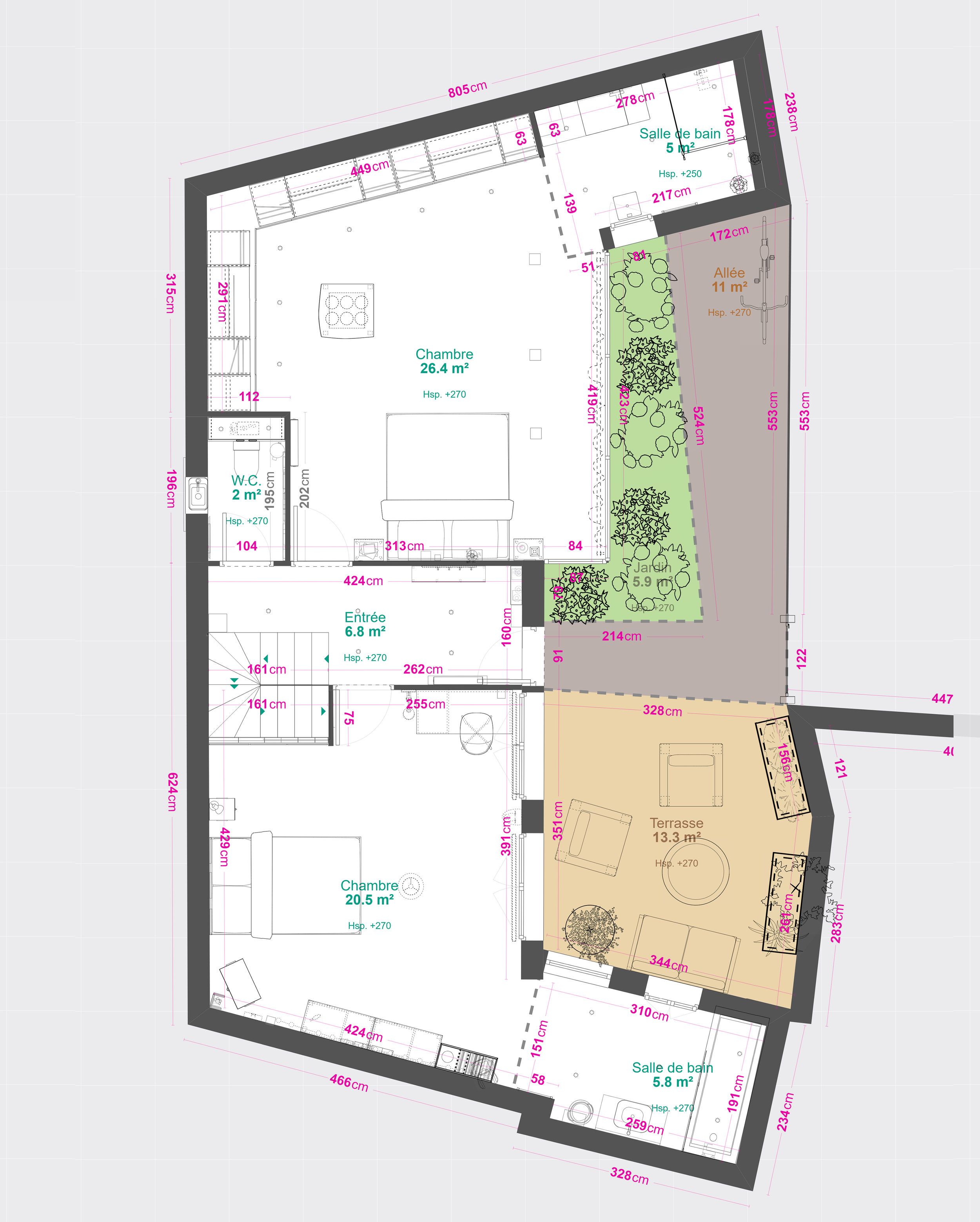 Plan d'étage d'une maison comprenant plusieurs pièces: une chambre de 26.4 m², une salle de bain de 5 m², une pièce de 11 m², une entrée de 6.8 m², et une terrasse de 13.3 m². Les dimensions sont indiquées en centimètres et en mètres carrés, avec divers éléments d'ameublement et d'aménagement.