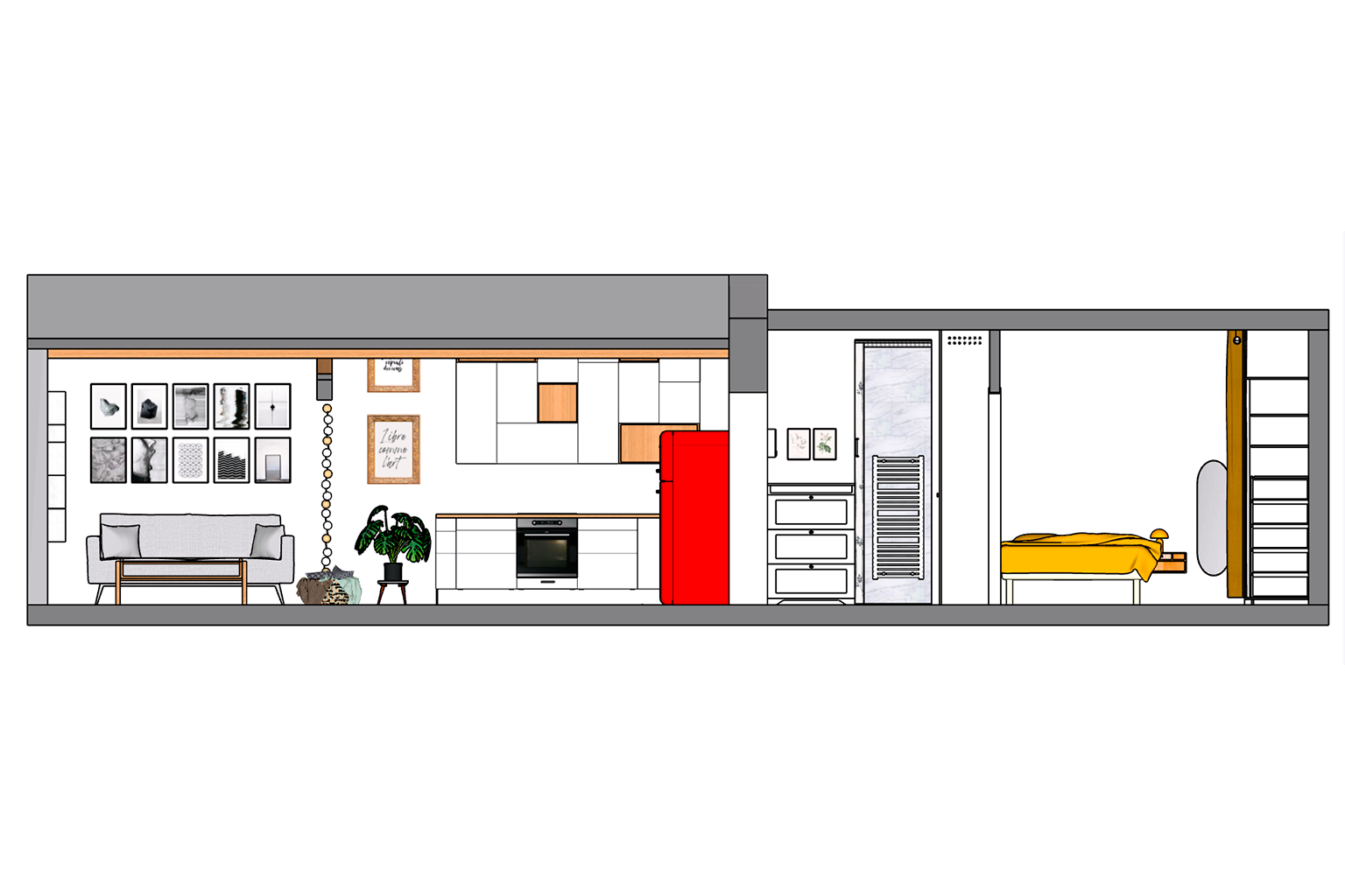 Plan d'un appartement avec coin salon, cuisine et chambre avec lit jaune.
