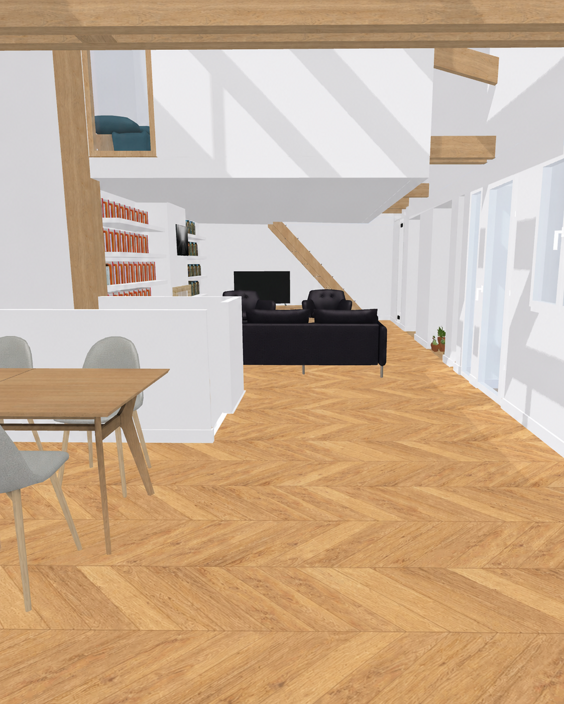 Salon moderne avec canapé noir, télévision, étagères avec livres, coin lecture, mur blanc, fenêtres avec volets, plantes, et parquet en bois.
