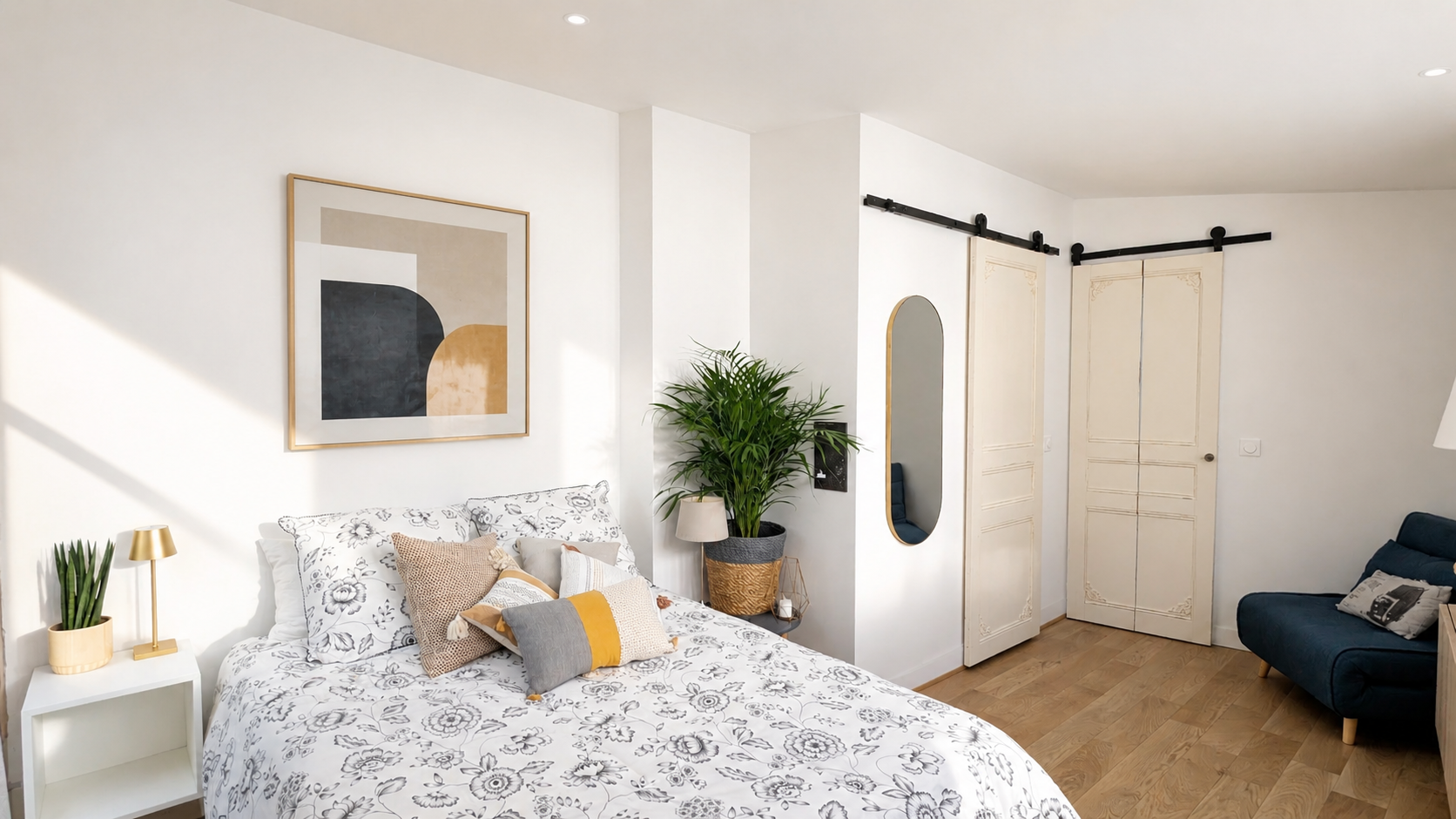 Une chambre moderne avec un lit à draps blancs avec motifs floraux noirs, plusieurs coussins, une petite table de nuit avec une lampe et une plante verte. Un miroir ovale accroché au mur, une porte en bois blanc avec des décorations, un fauteuil bleu