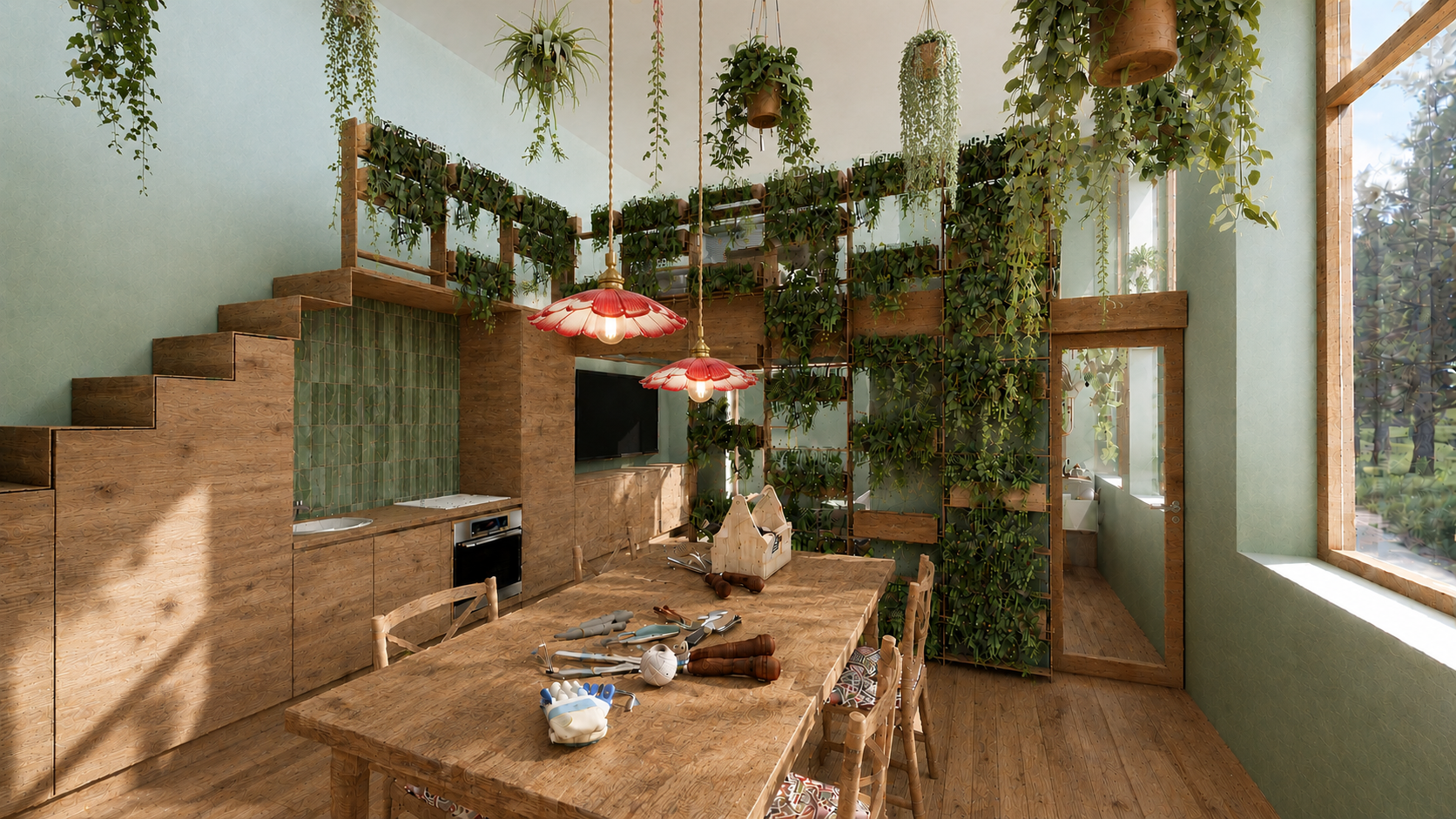 Une pièce lumineuse avec un mobilier en bois, des plantes suspendues au plafond et une grande fenêtre laissant entrer la lumière naturelle.
