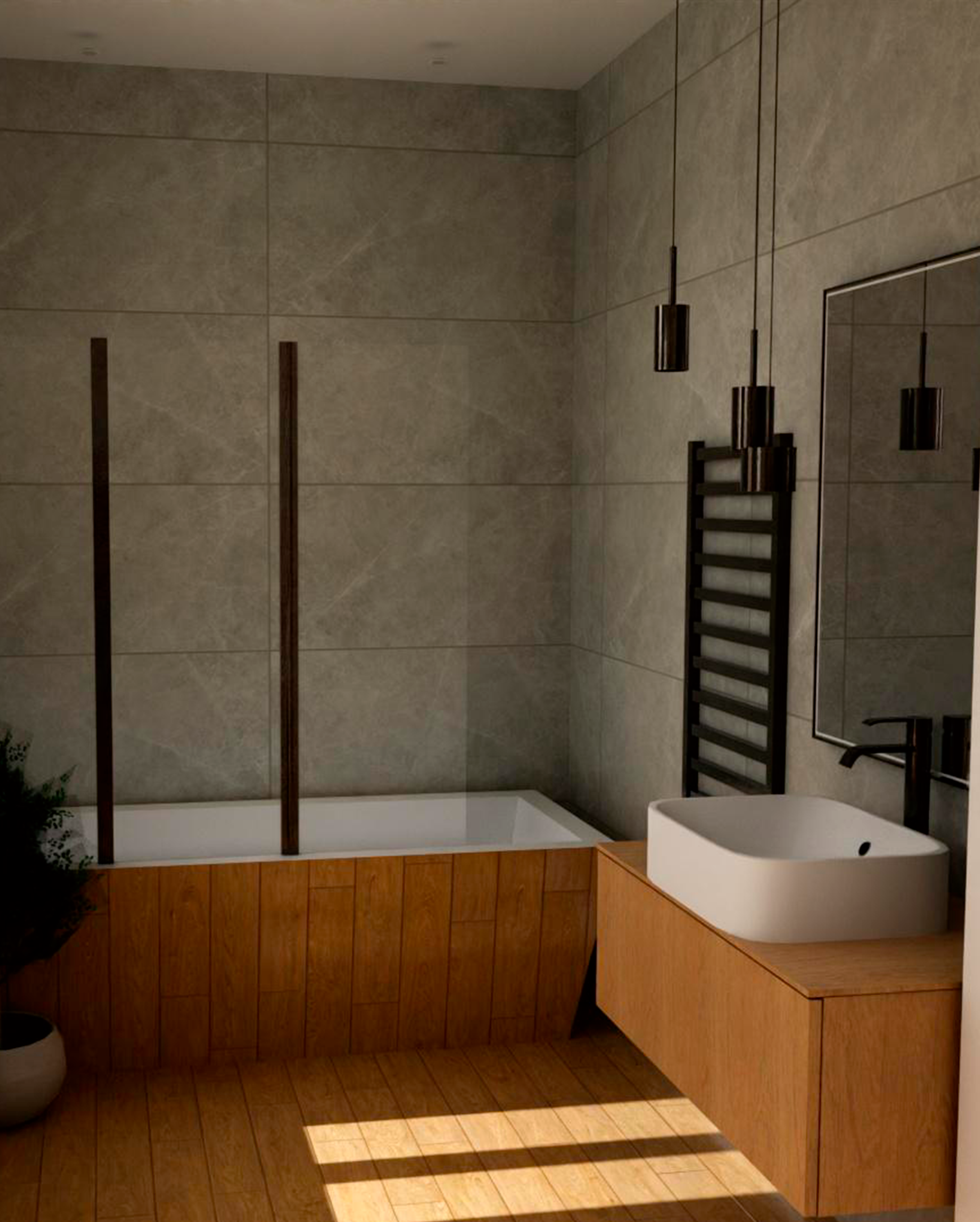 Une salle de bain moderne avec un mur en carrelage beige, un radiateur noir, un lavabo blanc avec meuble en bois clair, un miroir rectangulaire, et une baignoire encastrée avec un panneau en bois.