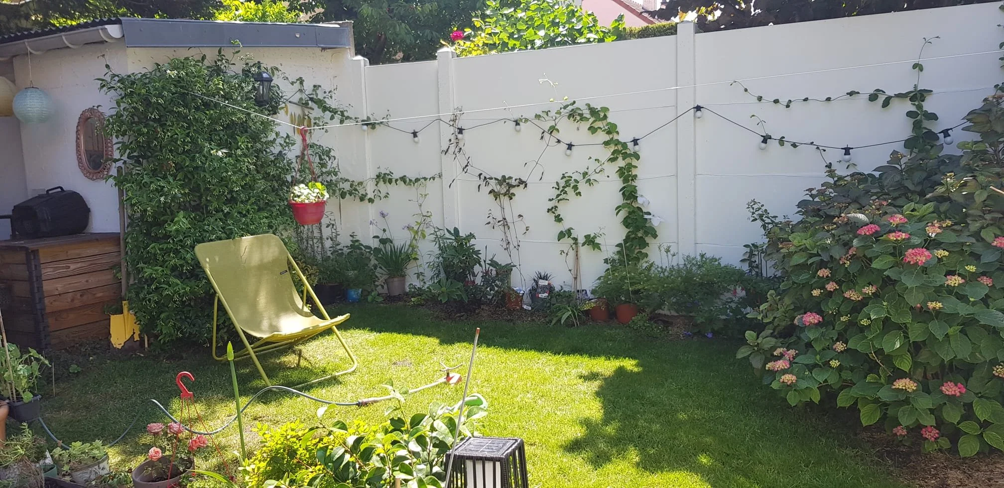 Un jardin arrière avec une clôture blanche, des plantes, un fauteuil pliant jaune, des lumières suspendues, et des fleurs.