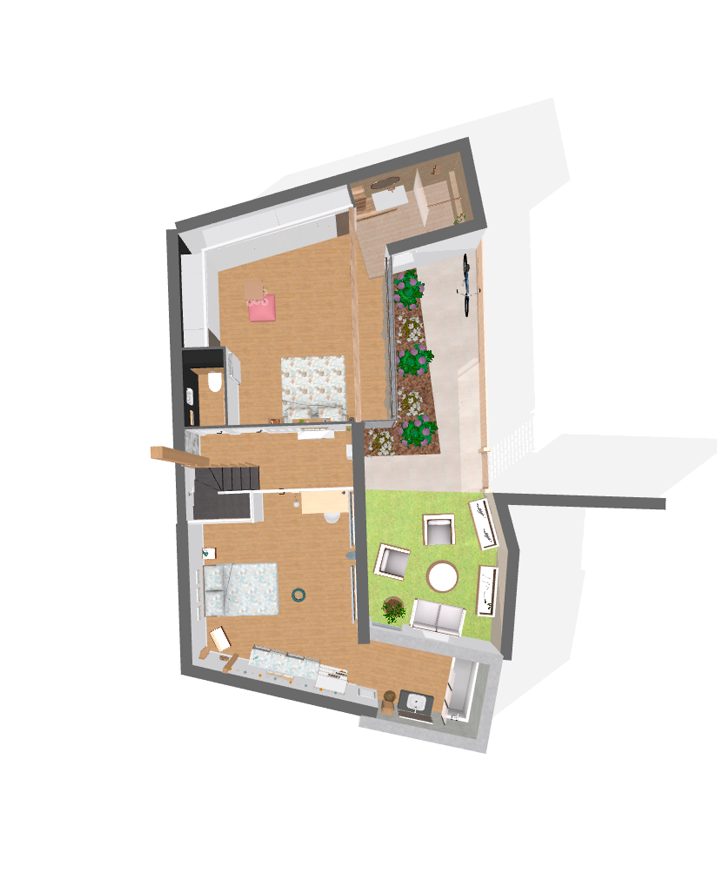 Plan architectural en 3D d'un appartement avec plusieurs pièces, y compris une chambre, un salon avec espace extérieur vert, une cuisine, une salle de bain et une zone de jardin.