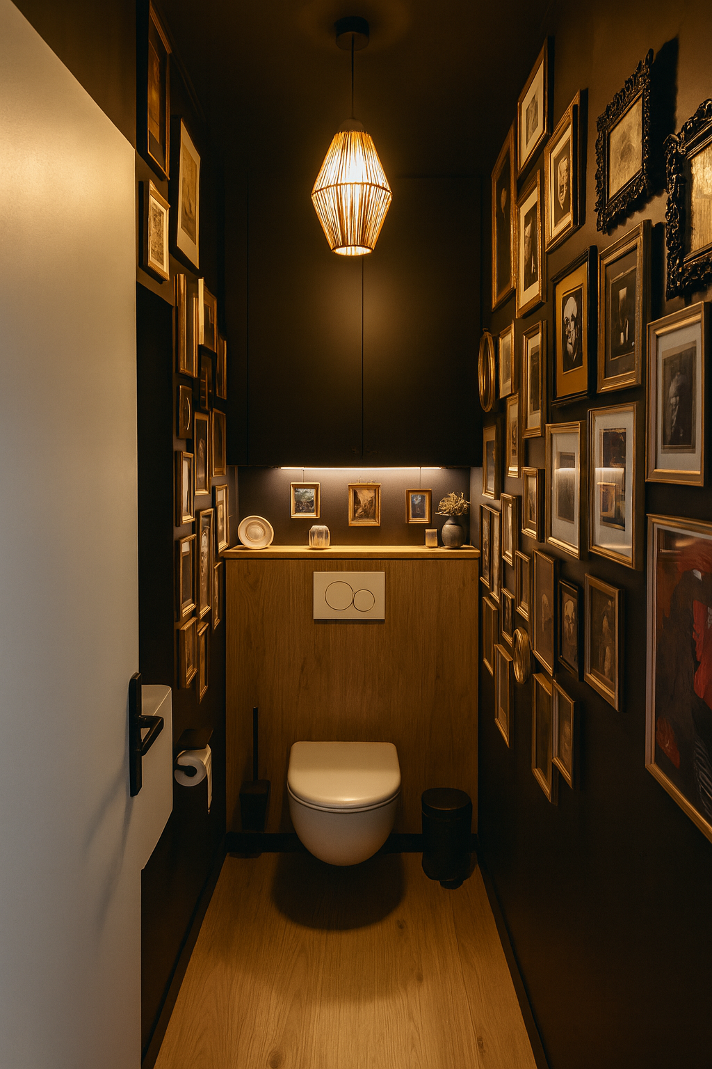Petite salle de bain sombre avec mur noir, murs tapissés de nombreuses photos et portraits encadrés, éclairage chaud, mobilier en bois clair, toilette suspendue, décor élégant.