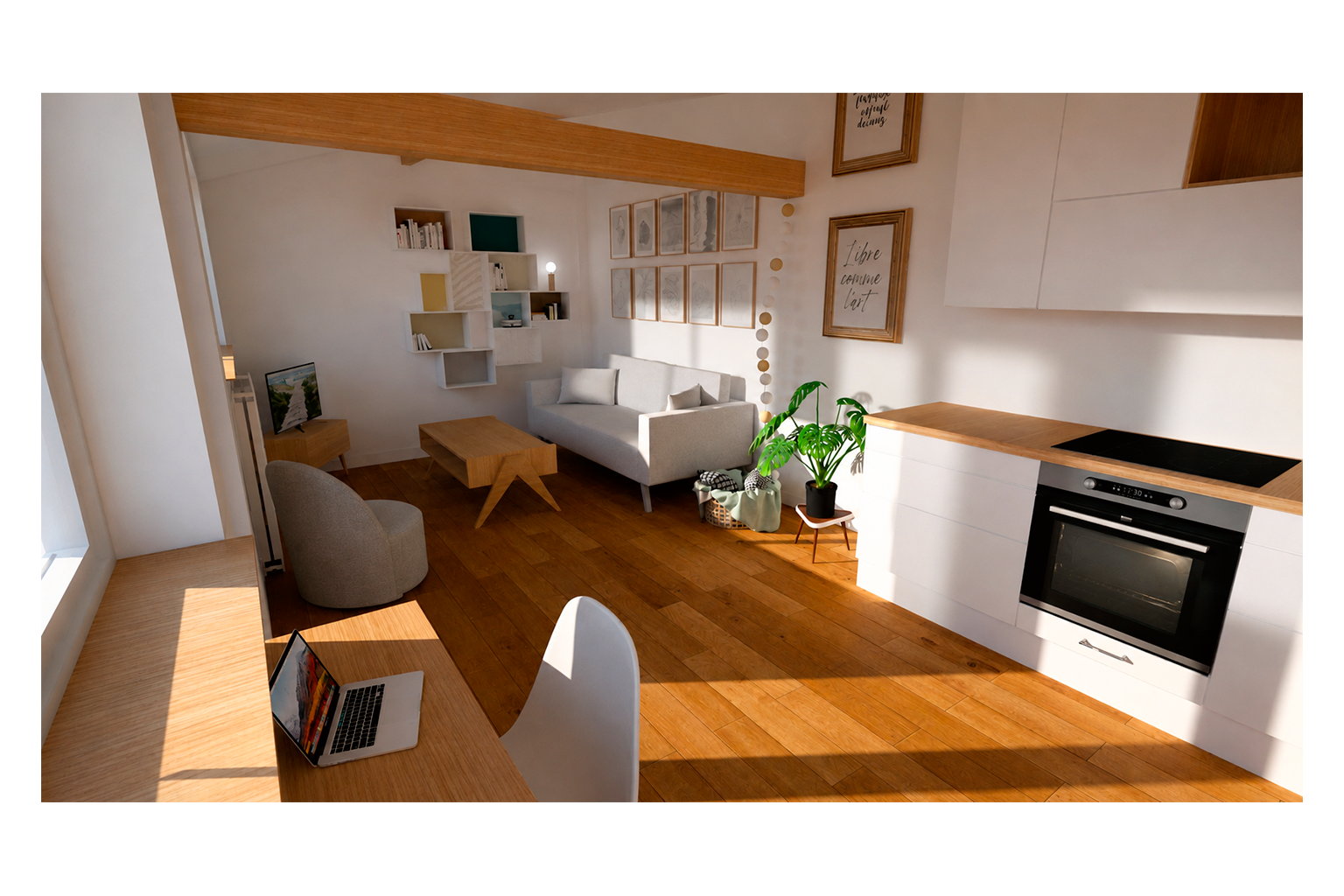 Salon et cuisine modernes avec canapé gris, table basse en bois, fauteuil gris, étagère murale, plantes vertes, murs blancs, décorations et œuvres d'art, ordinateur portable sur un bureau en bois, cuisine équipée avec four électrique intégrée.