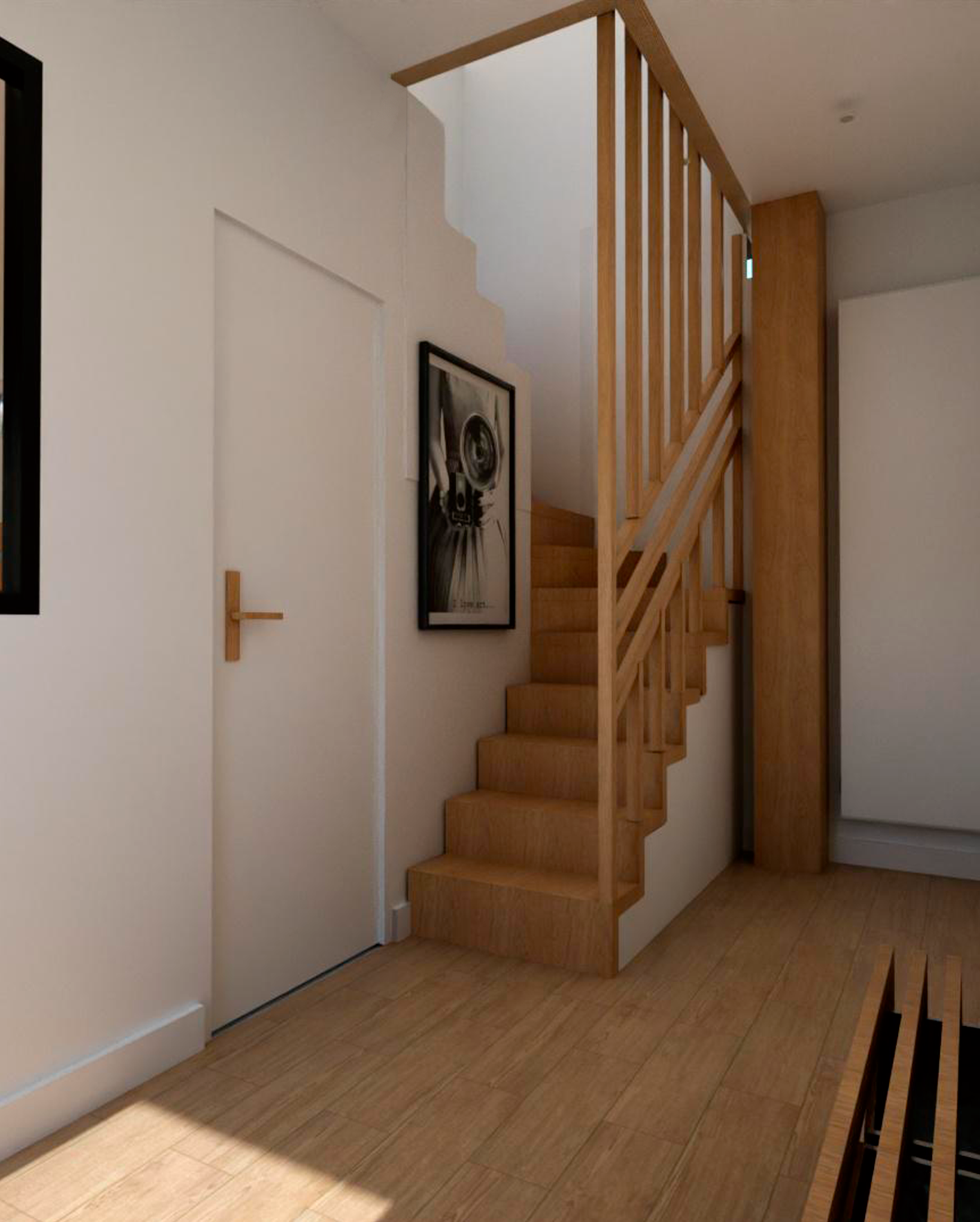 Escalier en bois menant à un étage supérieur dans une maison moderne avec murs blancs et sol en bois, décor minimaliste.