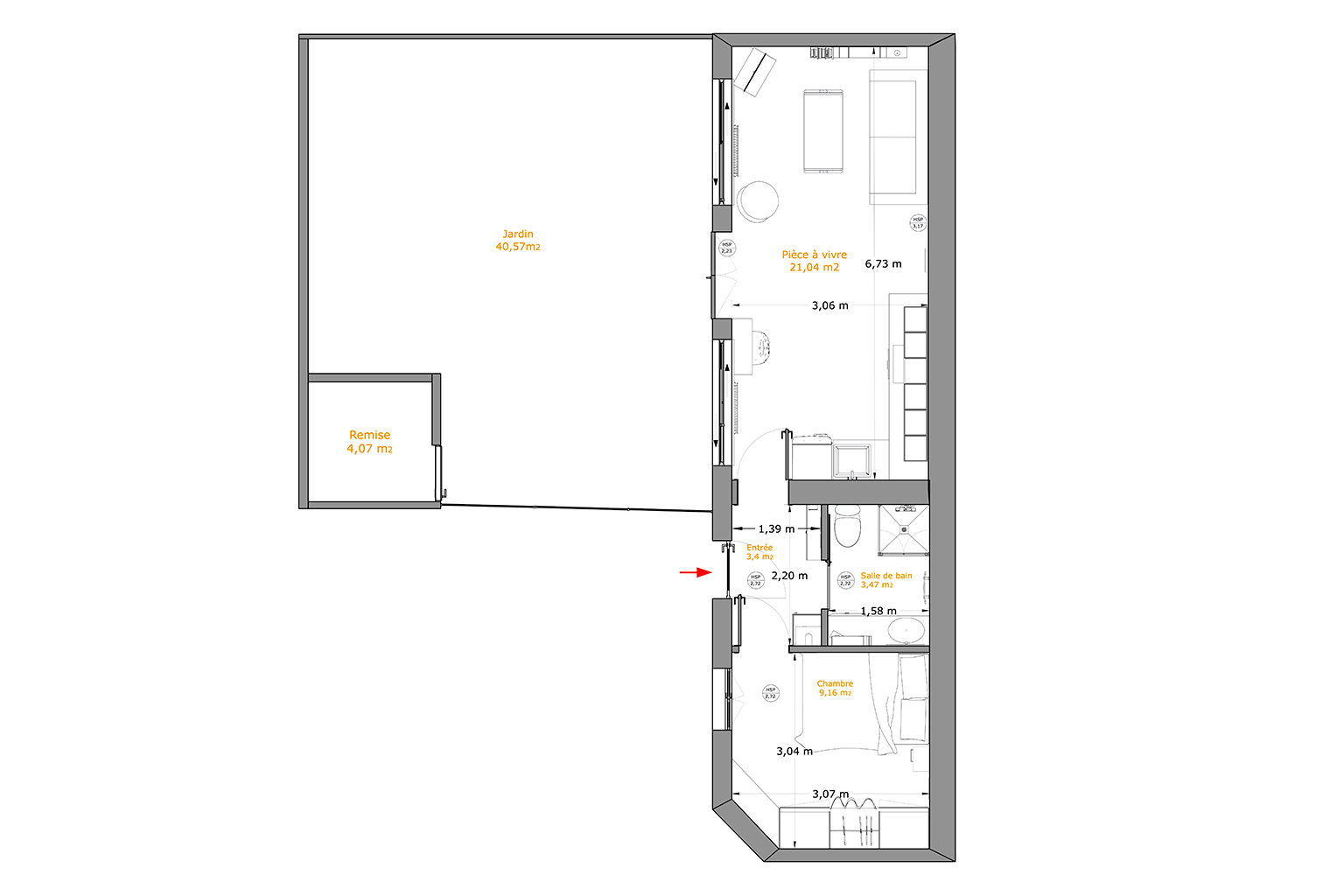Plan d'un appartement avec différentes pièces, y compris une chambre, une salle de bain, un salon, une entrée, un jardin, une remise, et leurs superficies respectives.