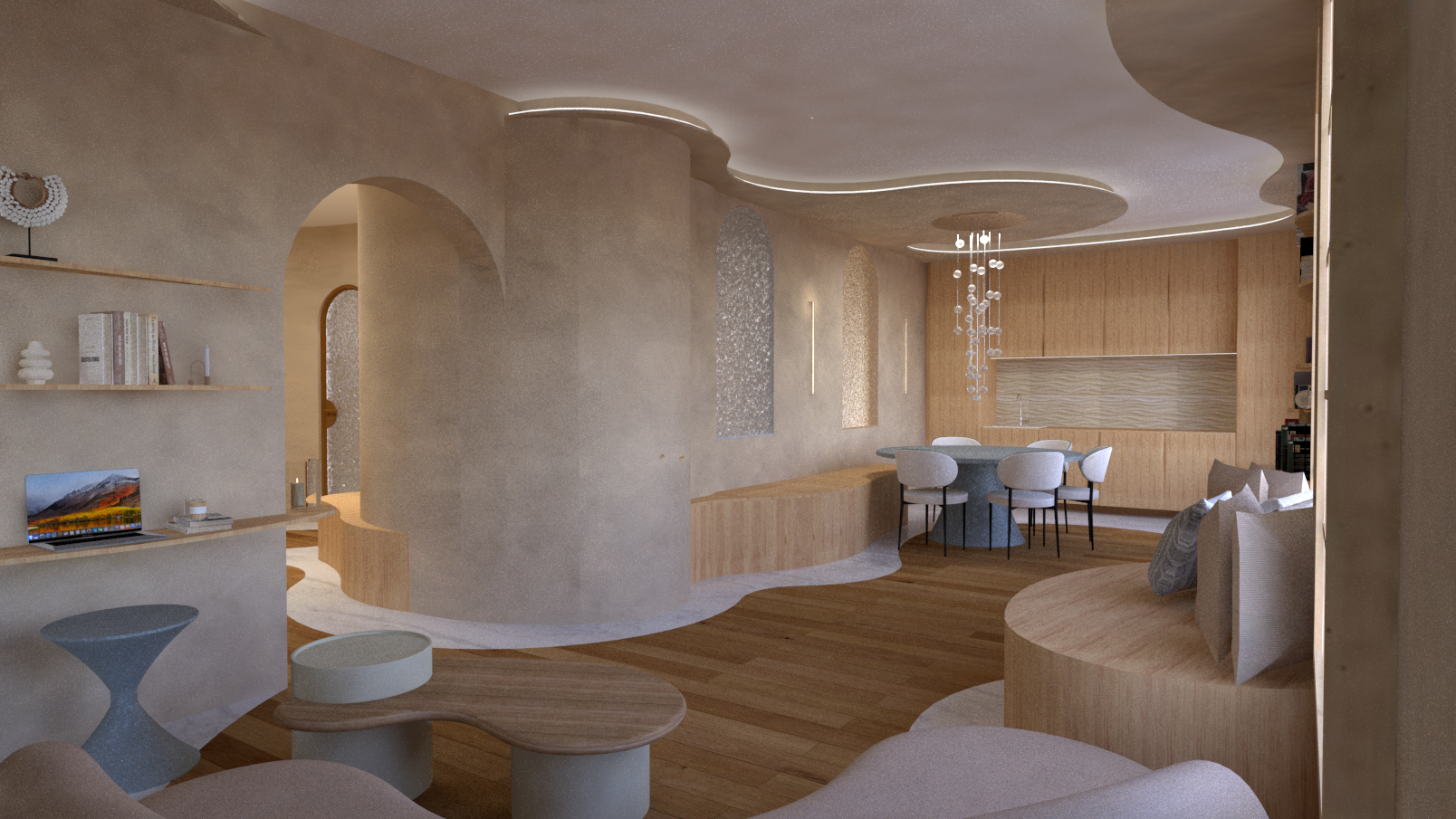 Salon en courbes avec murs en chaux, clair, plafond ondulé avec éclairage LED, chandelier suspendu, et mobilier blanc et beige, comprenant un canapé, une table basse, une zone de repas avec table ronde et chaises blanches.
