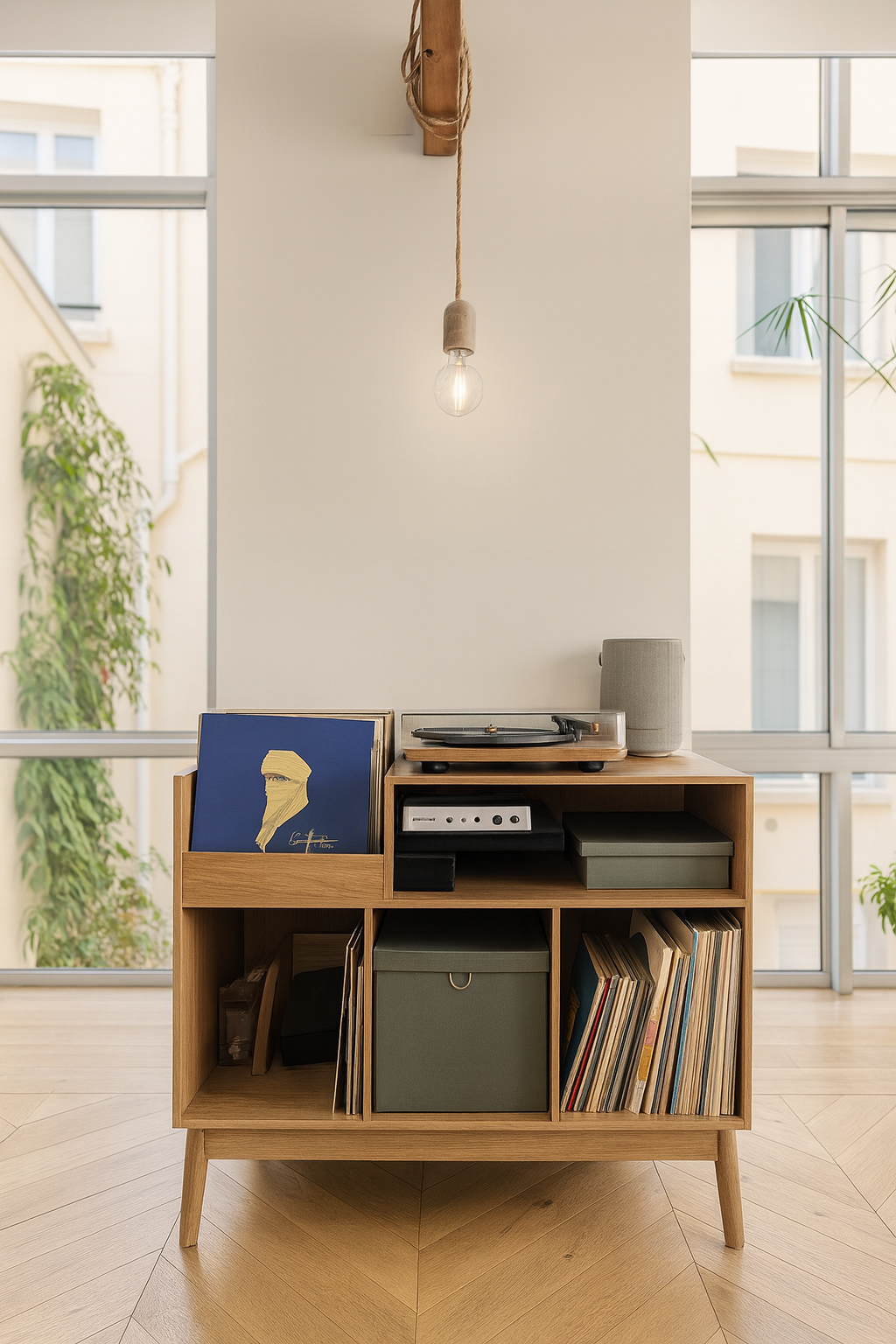 Meuble en bois avec un lecteur de disques vinyles, une enceinte, et des disques vinyles, dans une pièce lumineuse avec grandes fenêtres et vue sur des bâtiments