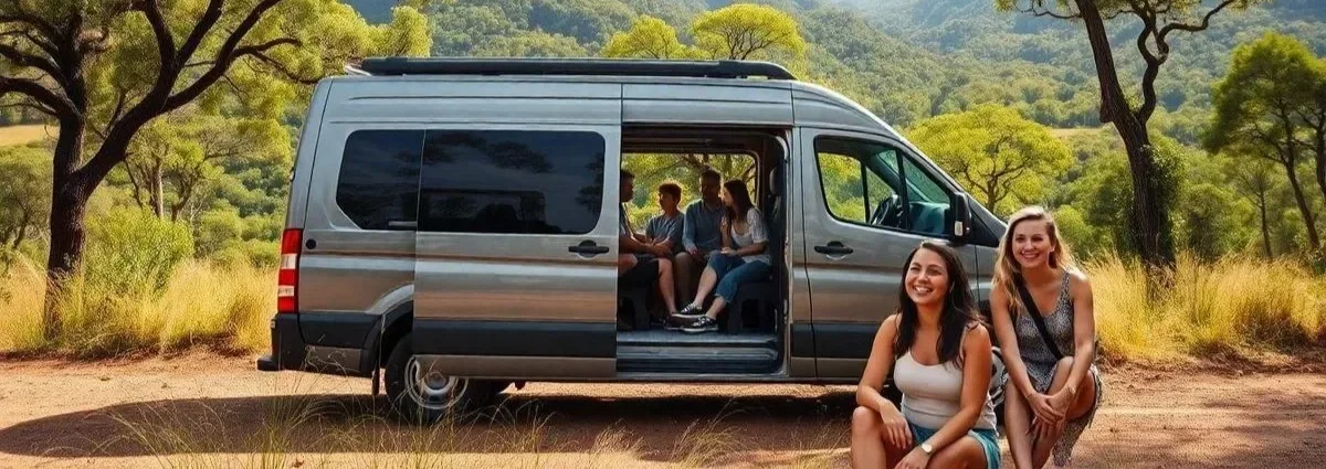 Grupo de jovens posando perto de uma van estacionada em uma área com árvores e grama.