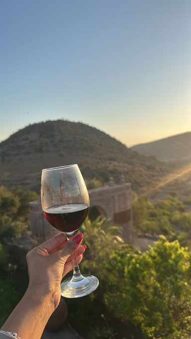 Copo de vinho tinto sendo segurado por uma pessoa, com vista de uma paisagem montanhosa ao pôr do sol.
