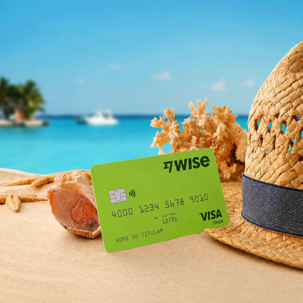 Cartão de débito verde da Wise em uma praia com concha, coral, chapéu de palha e vista do mar ao fundo