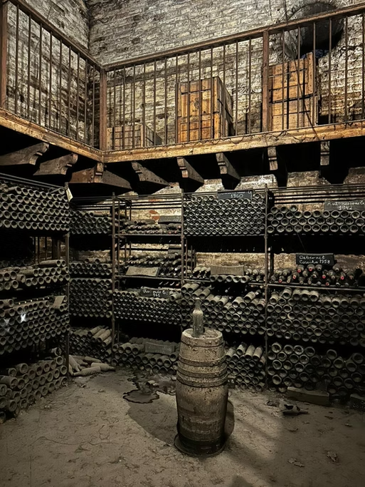 Vasilhas de vinho em uma adega antiga, com um balão de vinho no centro.