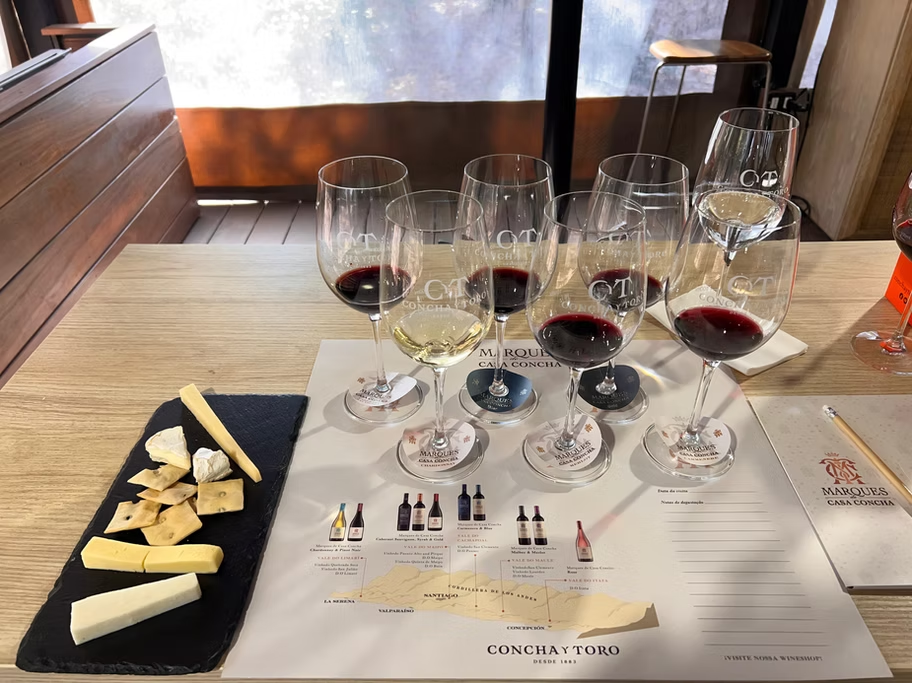 Degustação de vinhos com seis taças preenchidas, duas com vinho tinto e uma com vinho branco, em uma mesa de madeira, com tábua de queijo e nome da vinícola Concha y Toro ao fundo.