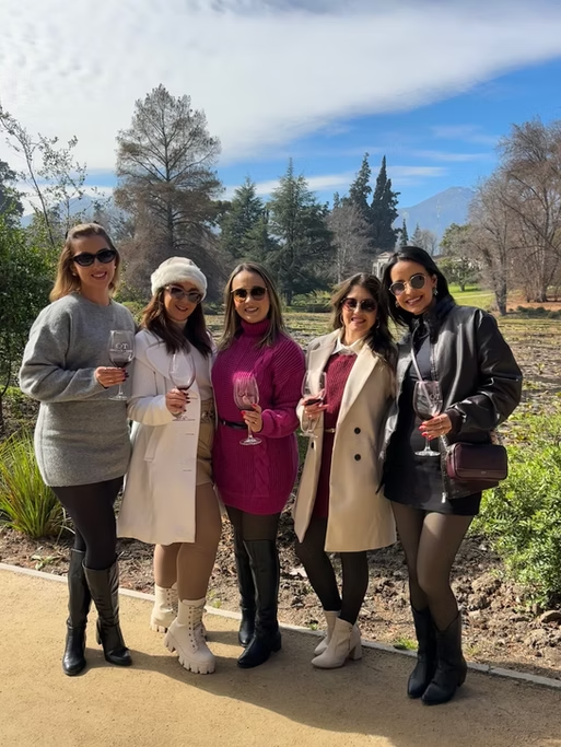 Cinco mulheres sorrindo segurando taças de vinho ao ar livre, com árvores e céu ao fundo.