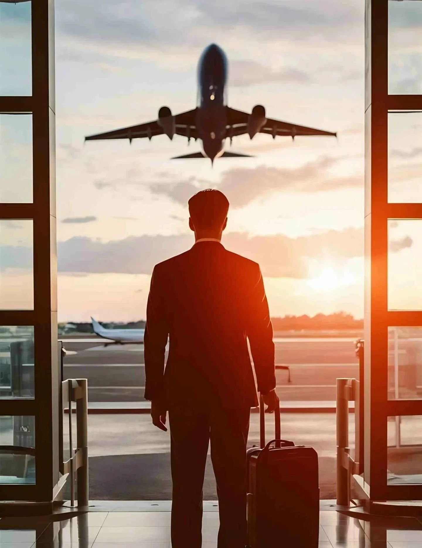 Homem de terno com malas caminhando em direção ao avião na pista durante o pôr do sol.