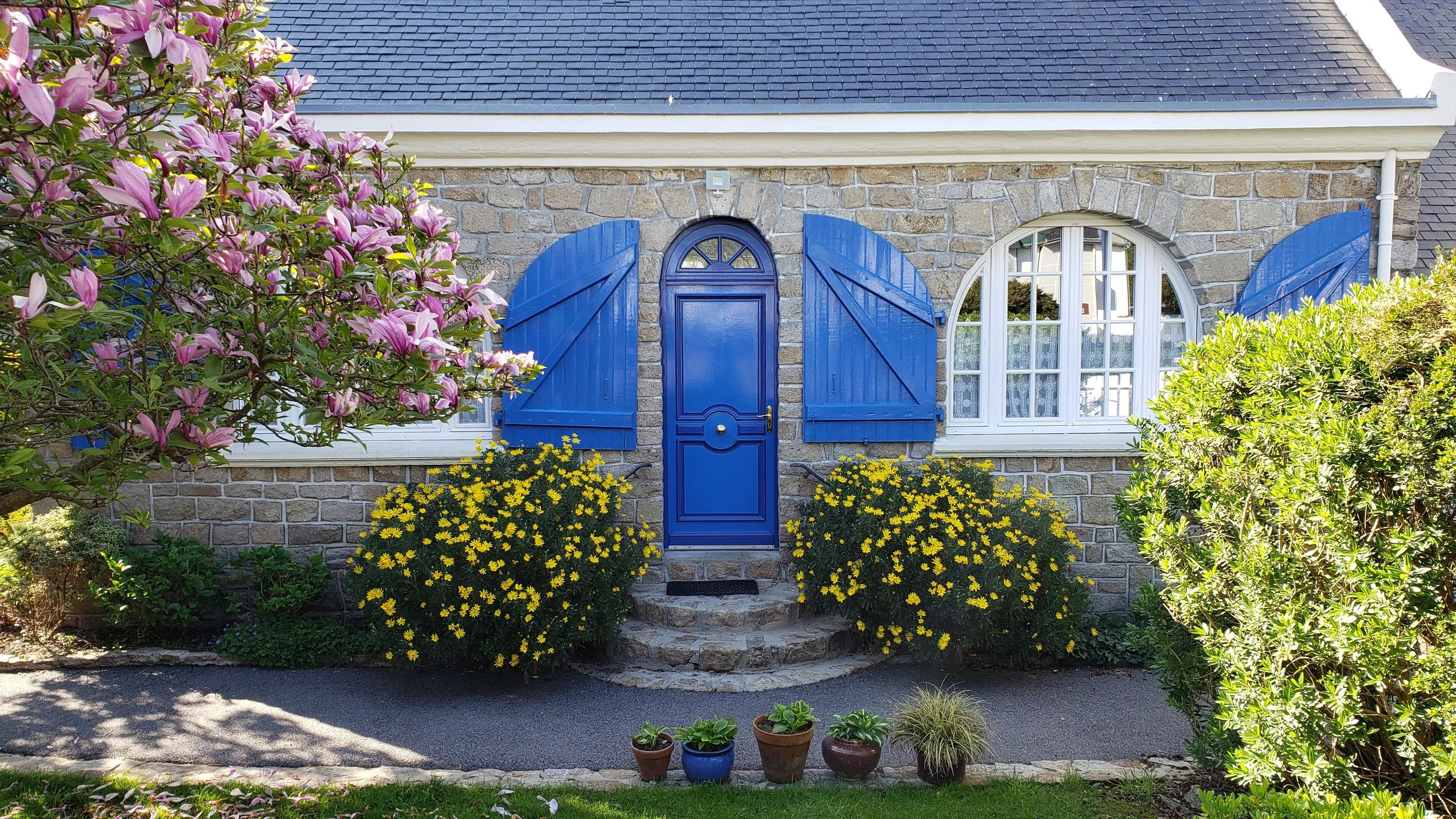 Traditional Brittany coastal home with deep maritime blue shutters and door framed by pink and yellow flowers in Bénodet, France