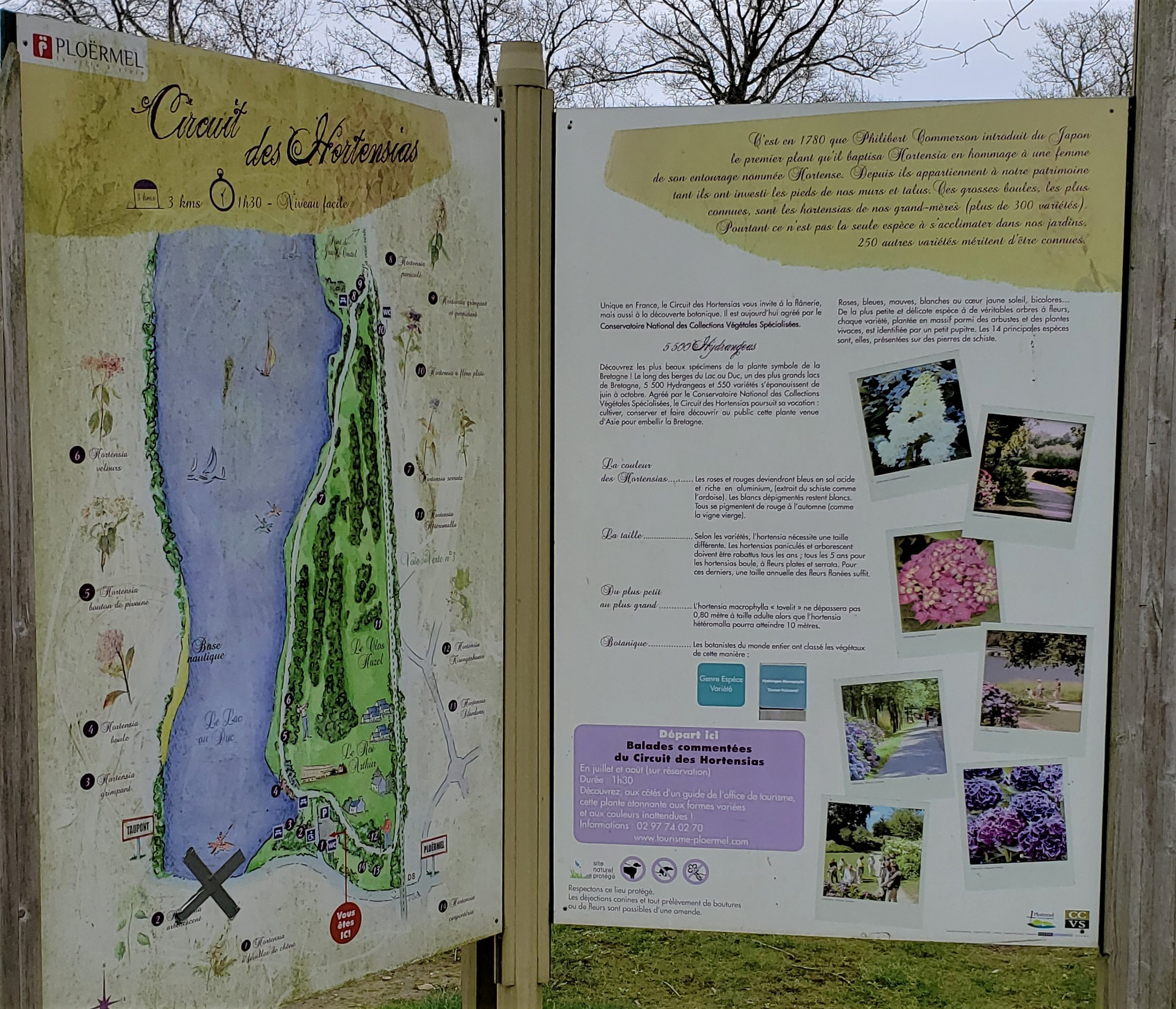 The information board for the Circuit des Hortensias at Lac au Duc in Ploërmel, France, detailing the trail that winds past 5,500 hydrangea bushes representing 550 different species along the lakeside path.