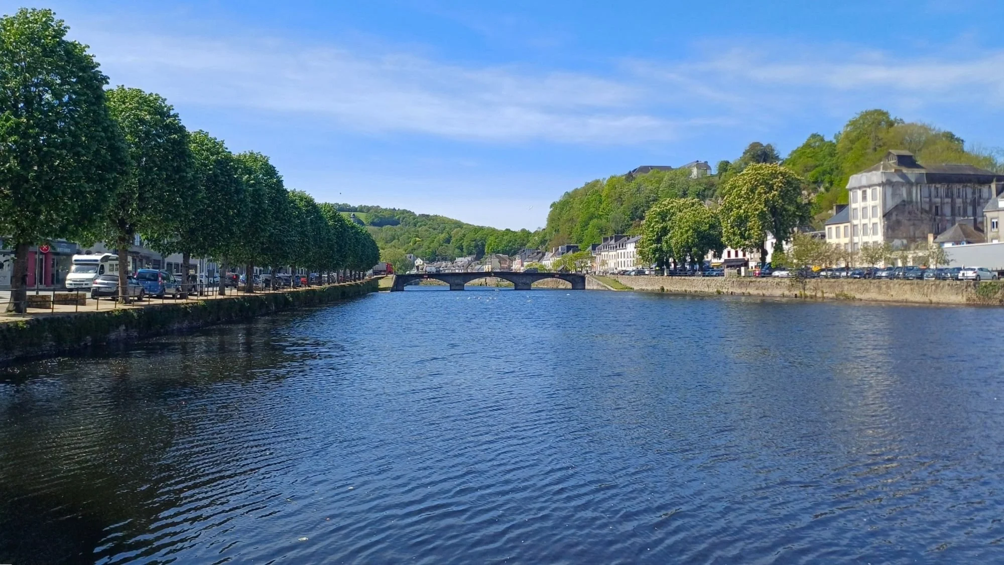 View of the Aulne River and it's banks in Châteaulin, Brittany. Taken from the Observatoire Aquatique platform while traveling through Finistère, France.
