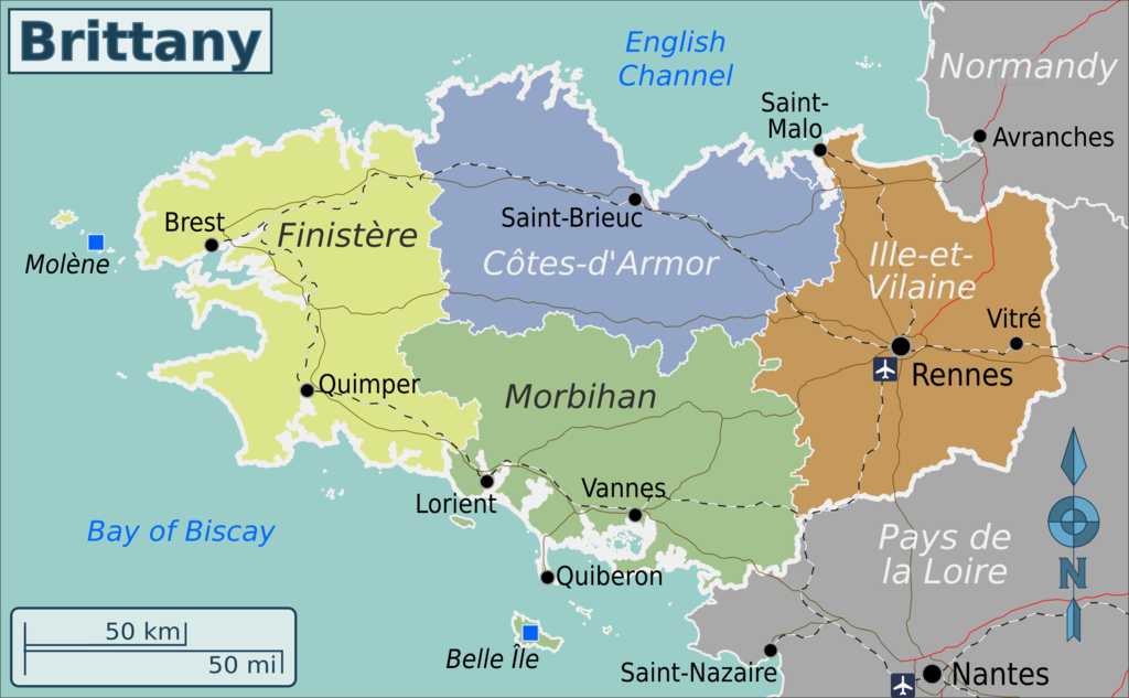 A map of the Brittany region of northwestern France showing its four departments, with Quimper serving as the prefecture and cultural capital of Finistère, the westernmost department in all of France.