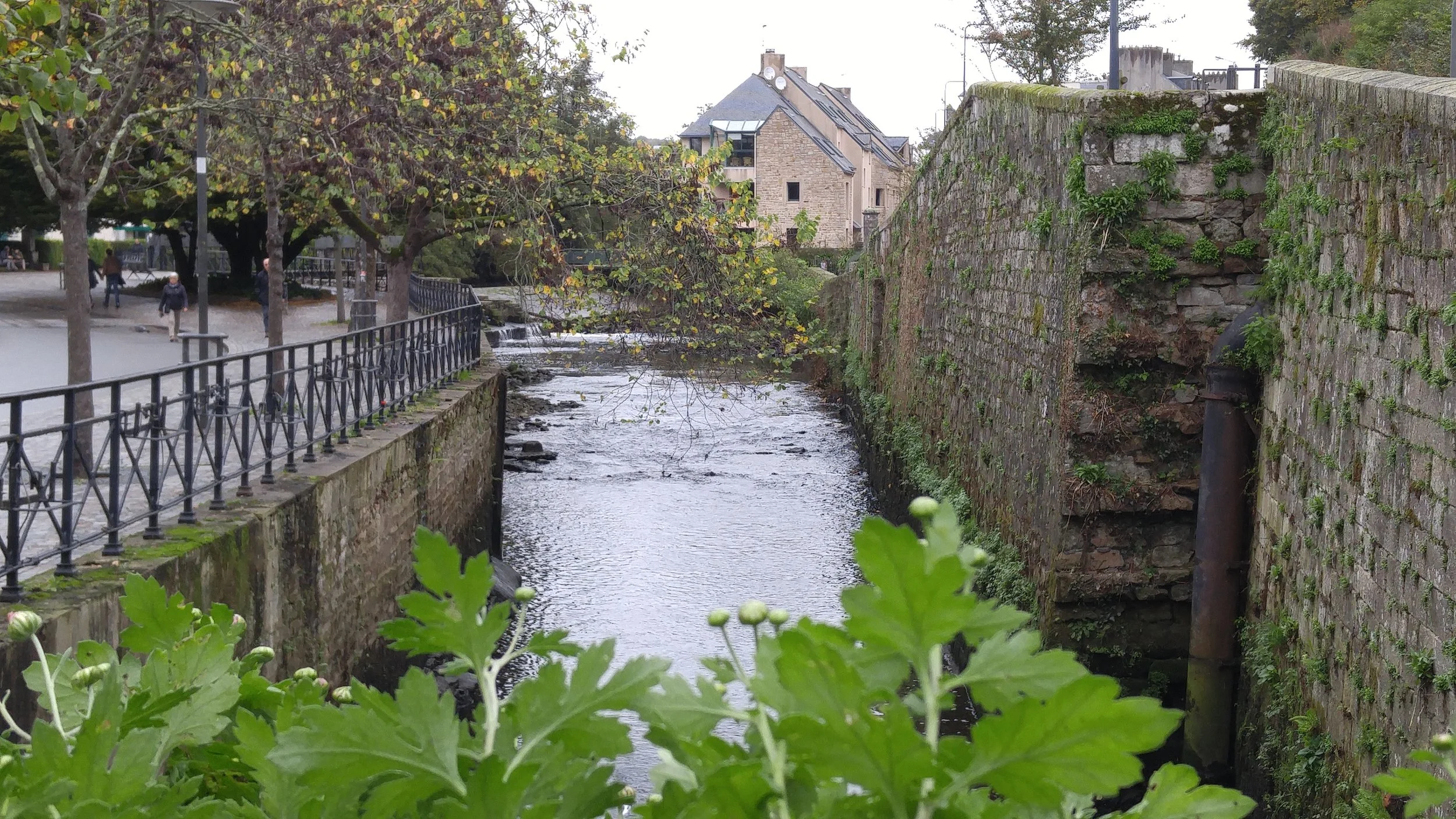 The calm waters of the Steir River winding through Quimper, France, on its way south to join the Odet River as it flows toward the Atlantic Ocean, with parkland and walking paths lining its banks.