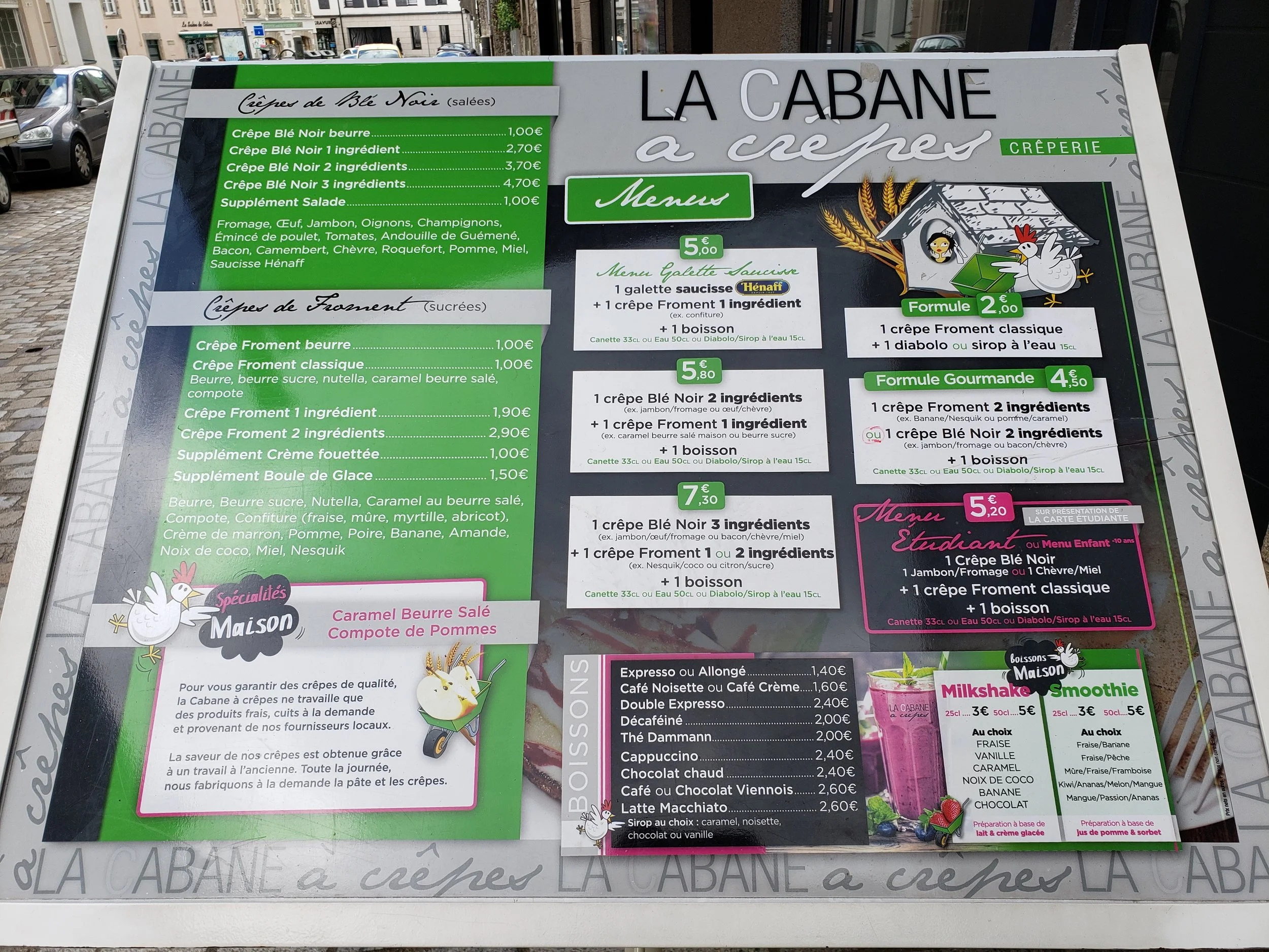 The menu at La Cabane à Crêpes, a popular and affordable crêperie in the old town of Quimper, France.