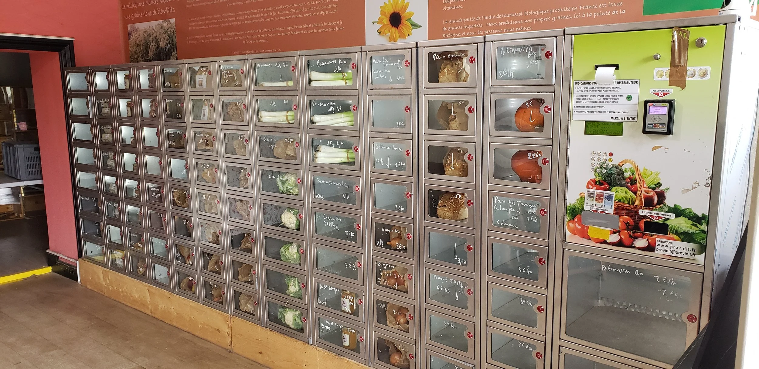 Organic produce automat shop in Bénodet, France, offering local vegetables, honey and bread