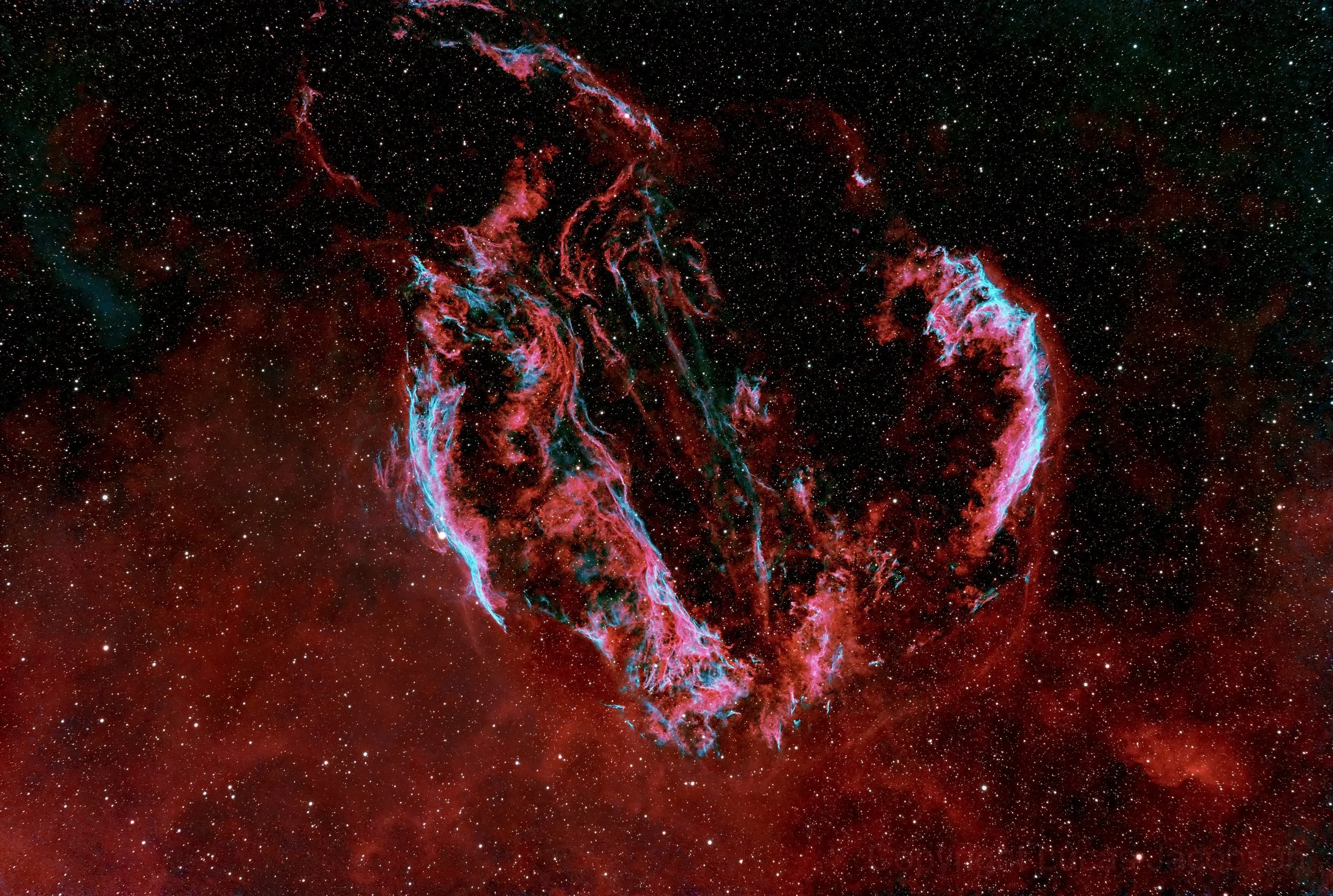 A detailed image of a nebula in outer space showing red, pink, blue, and green cosmic gas and dust with numerous stars scattered throughout.