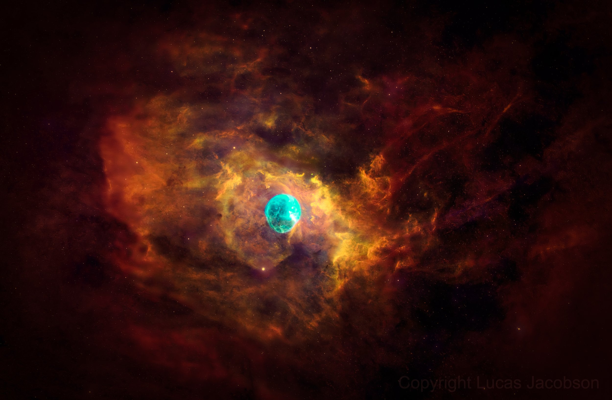 A vibrant nebula in outer space with a bright turquoise planet near the bottom center, surrounded by swirling clouds of red, orange, and yellow gas and dust, starry background.