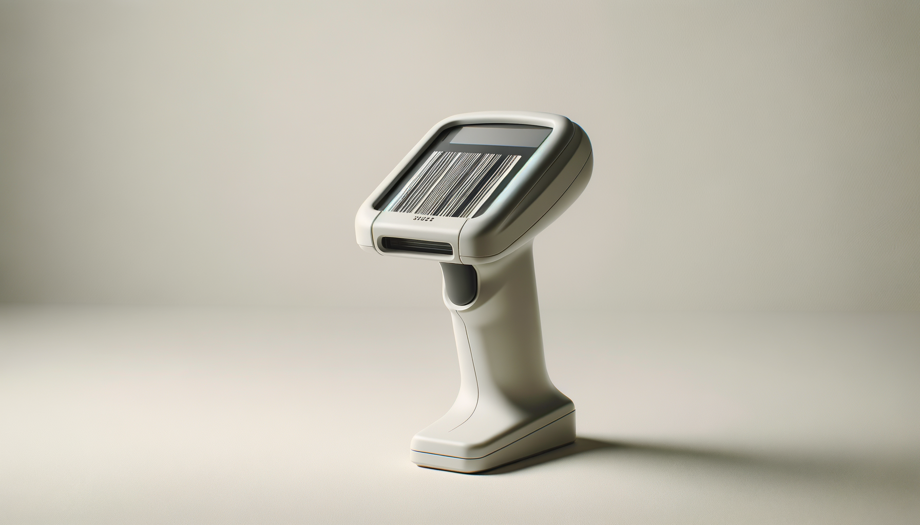 A handheld barcode scanner with a digital display showing a barcode.