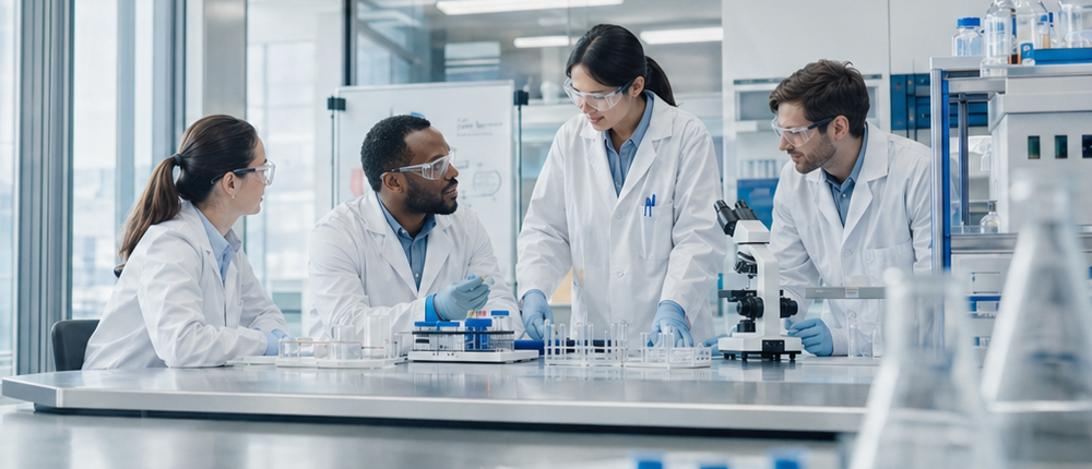 Image of lab workers with text encouraging Breathe Pure