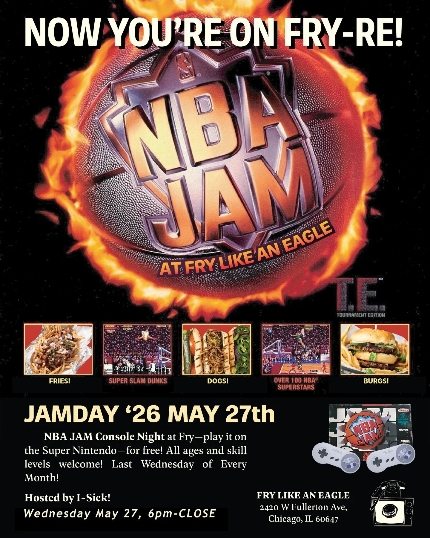 Repost from our sister biz @frylikeaneagle &mdash; FRYTALITY returns tonight and it&rsquo;s JAMDAY! Grab a bite and play NBA Jam with us! Then come on over to the arcade for:
✅$6 Chicago Handshakes!
✅Killer Queen Open Hive Night: freeplay KQ all nigh