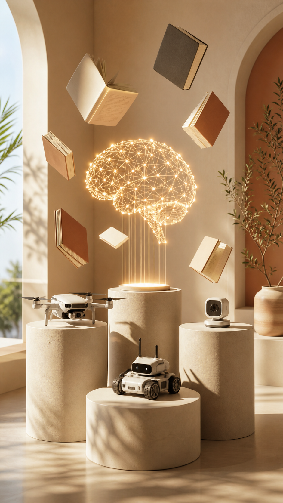 Une sculpture numérique représentant un cerveau en lumière, avec des livres flottants, un drone, un robot et une caméra dans un espace lumineux avec plantes