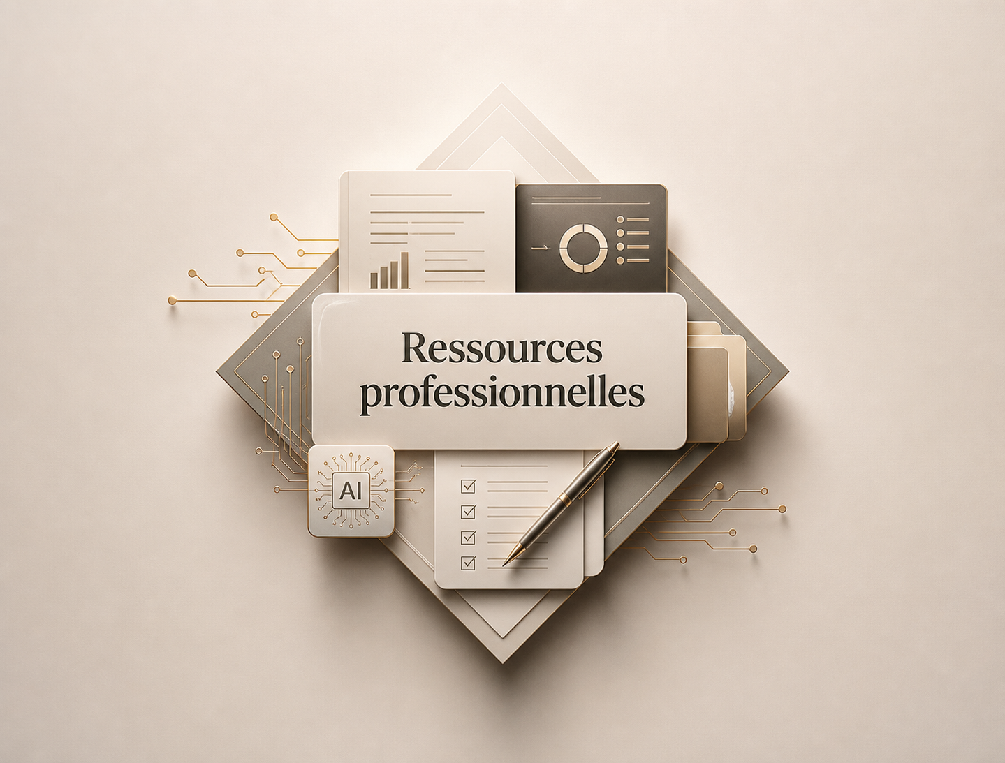 Images de ressources professionnelles comprenant des graphiques, une check-list, un stylo et un symbole AI, avec le texte 'Ressources professionnelles' au centre.